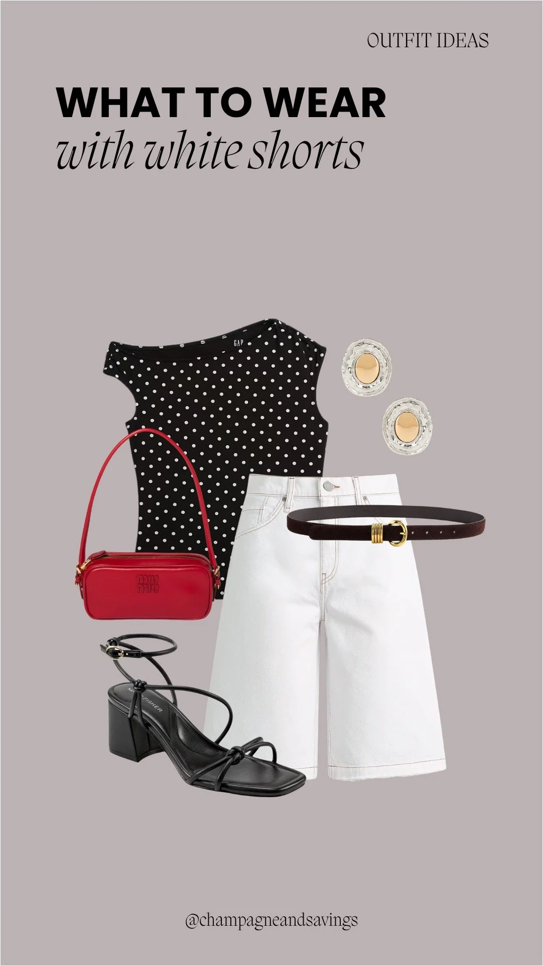 Collage of outfit pieces featuring white shorts styled with a polka dot top and a red bag for a playful, eye-catching look.