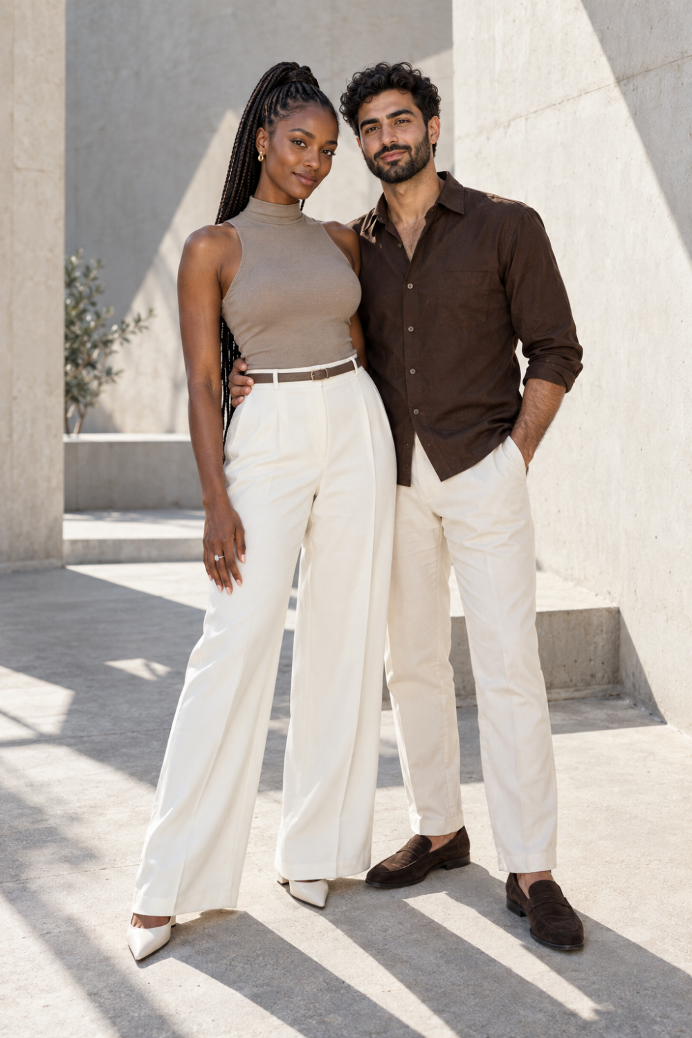White engagement photo outfit idea featuring white trousers and a fitted neutral top.