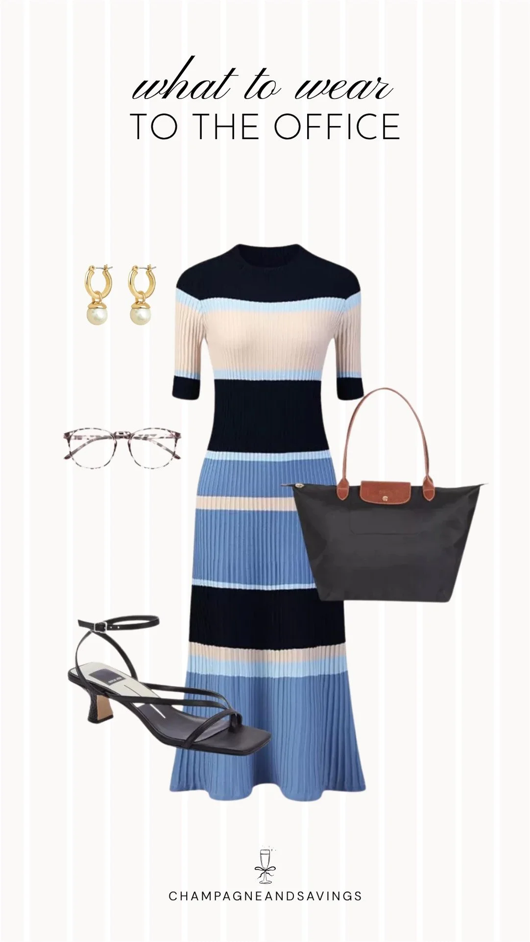 Collage of outfit pieces featuring a striped knit midi dress styled with a Longchamp tote for an effortless and polished summer office outfit idea for chilly office days.
