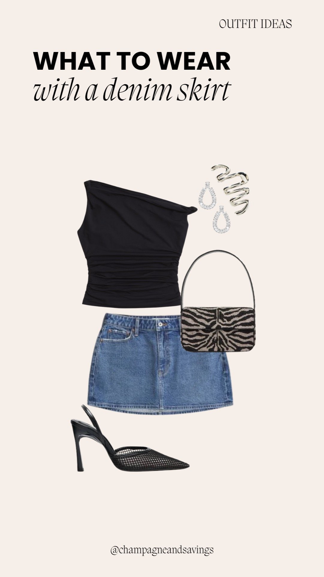 Mini skirt outfit idea featuring a denim mini skirt paired with a one-shoulder top and heels, styled together as coordinated outfit pieces.