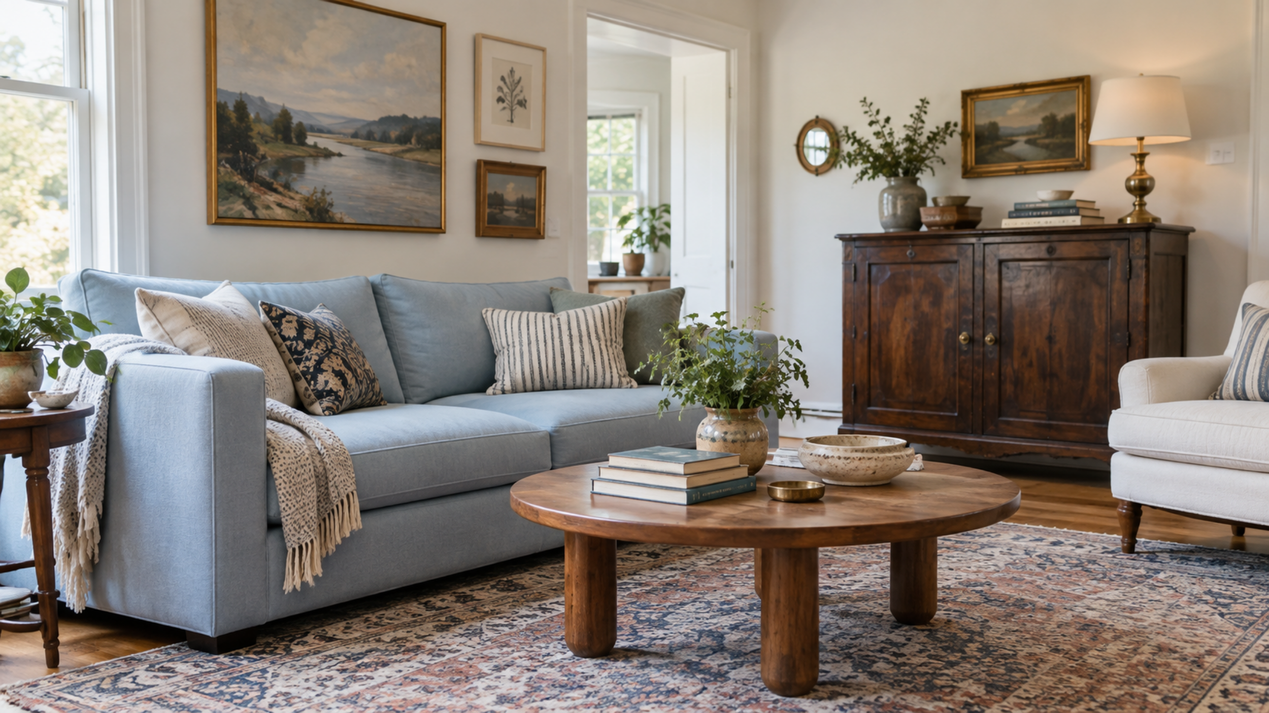 Beautiful eclectic living room with vintage and modern furniture, layered artwork, books, and collected decor