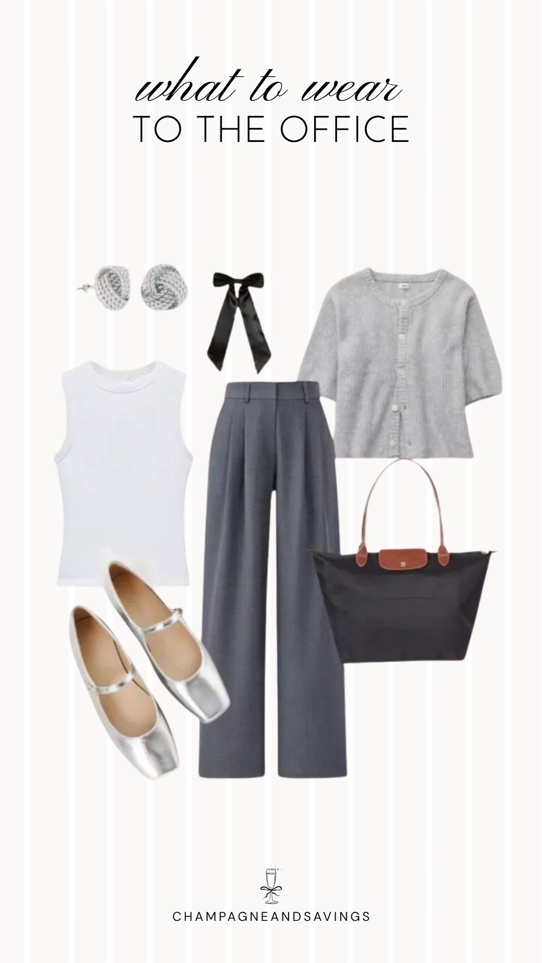 Collage of outfit pieces featuring grey wide leg trousers styled with a tank and short sleeve cardigan for a polished and comfortable summer office outfit idea when the office is freezing.
