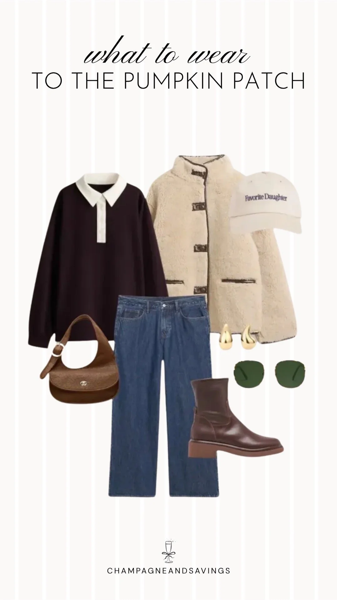 Collage of outfit pieces featuring a rugby shirt styled with a sherpa jacket and straight leg jeans for a cozy pumpkin patch outfit idea with a sporty casual fall vibe.