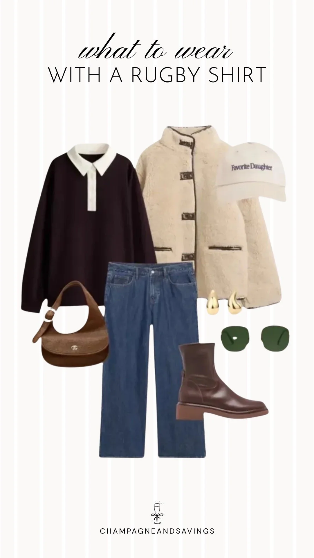 A sporty chic rugby shirt outfit featuring a classic striped rugby shirt styled with straight leg jeans and layered under a cozy sherpa jacket, creating a casual and on-trend look perfect for cooler weather.