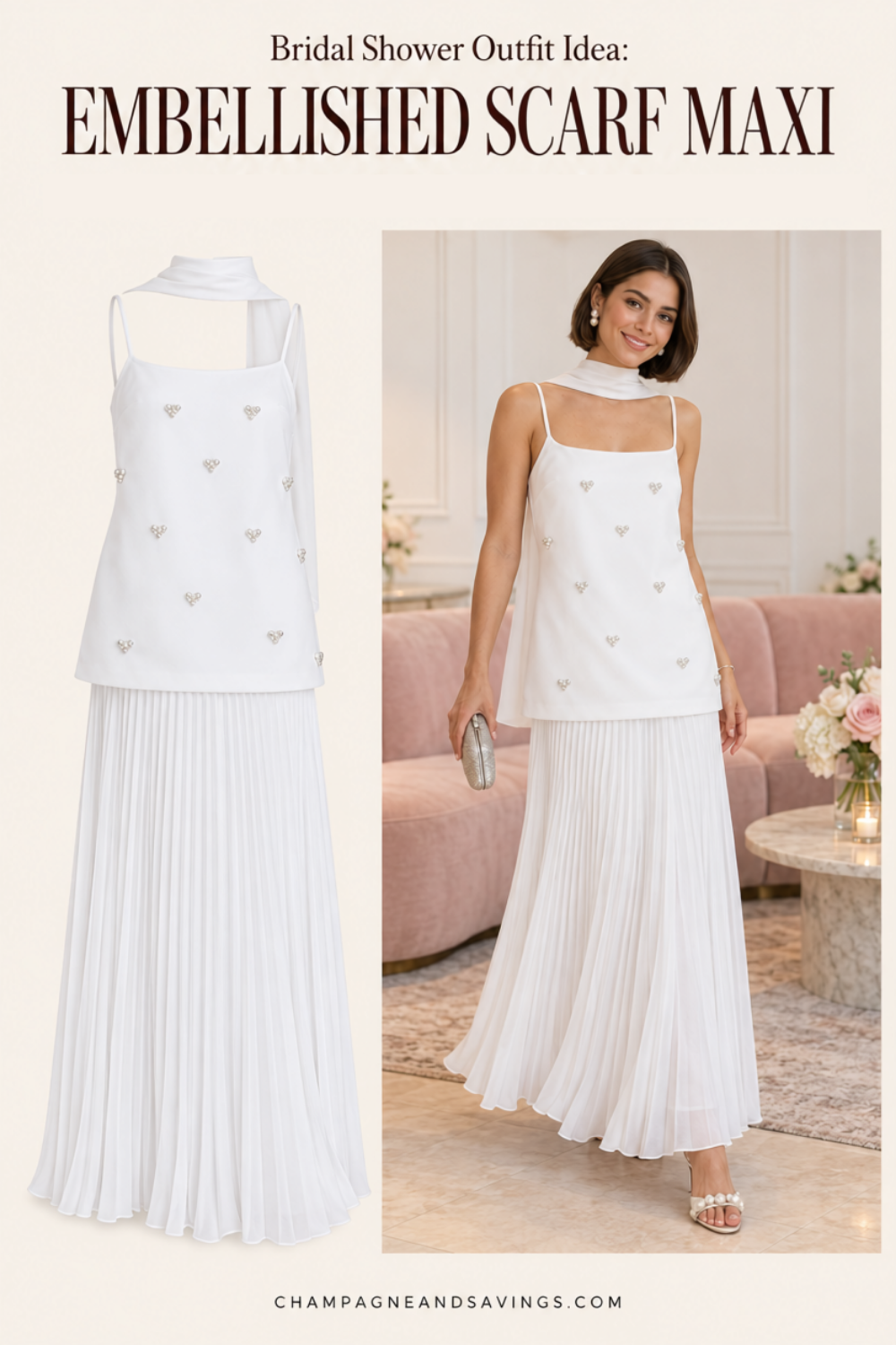 Trendy bridal shower outfit idea featuring a white embellished scarf maxi dress, shown alongside a styled bridal look for the bride-to-be.