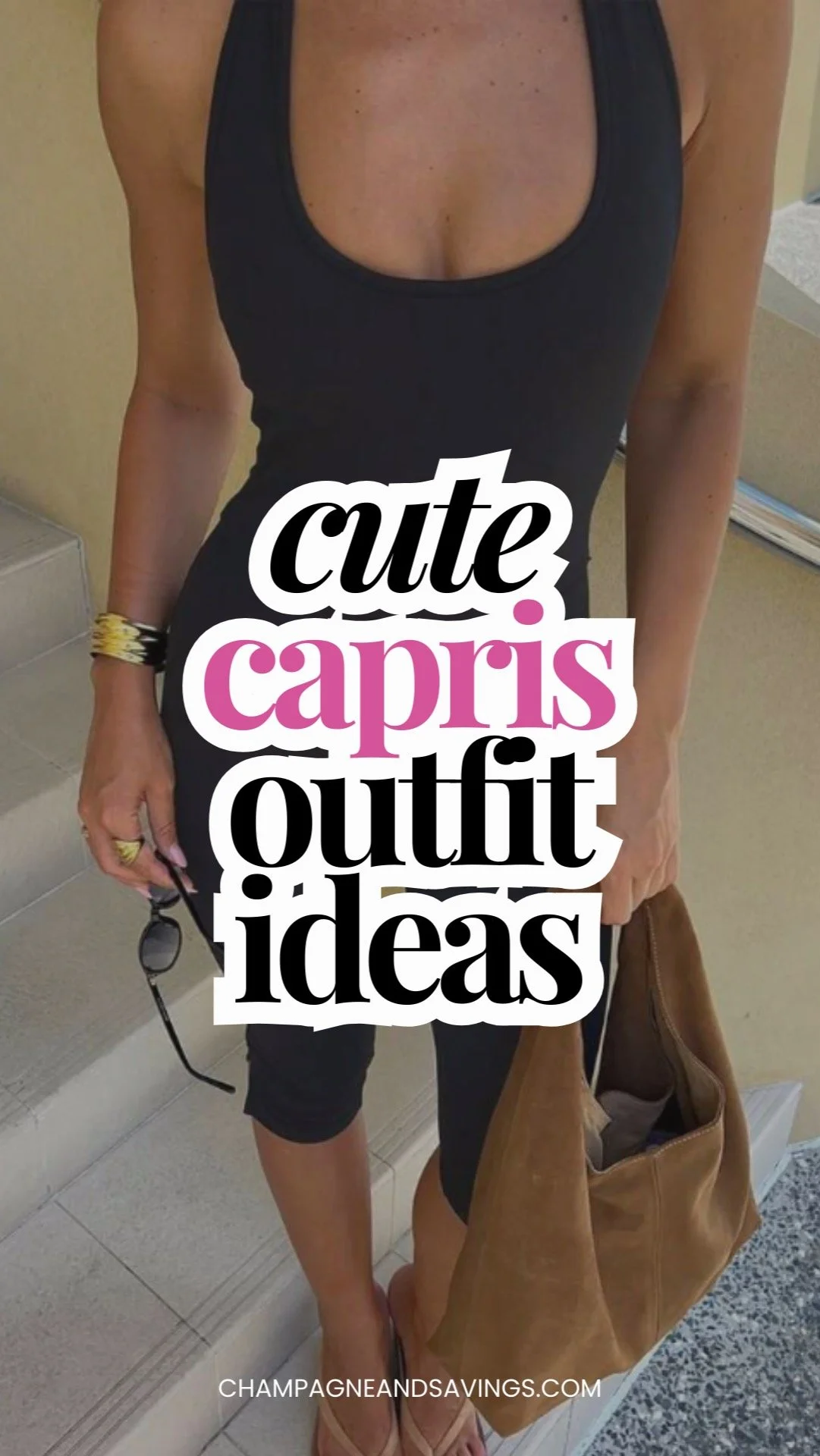 Image of a girl wearing a styled capri pants outfit as the background, with bold text overlay that reads “Cute Capris Outfit Ideas,” showcasing chic and playful styling inspiration.