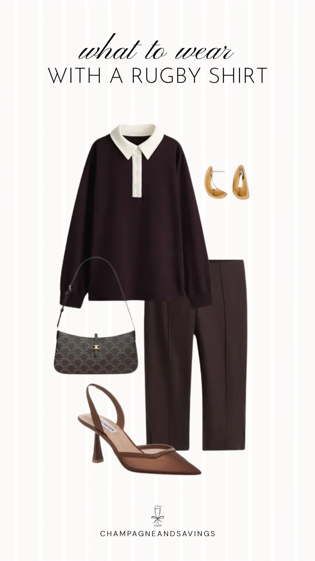 A stylish rugby shirt outfit featuring a classic rugby shirt paired with capri-length trousers and slingback heels, blending sporty and sophisticated elements for an effortlessly chic everyday look.