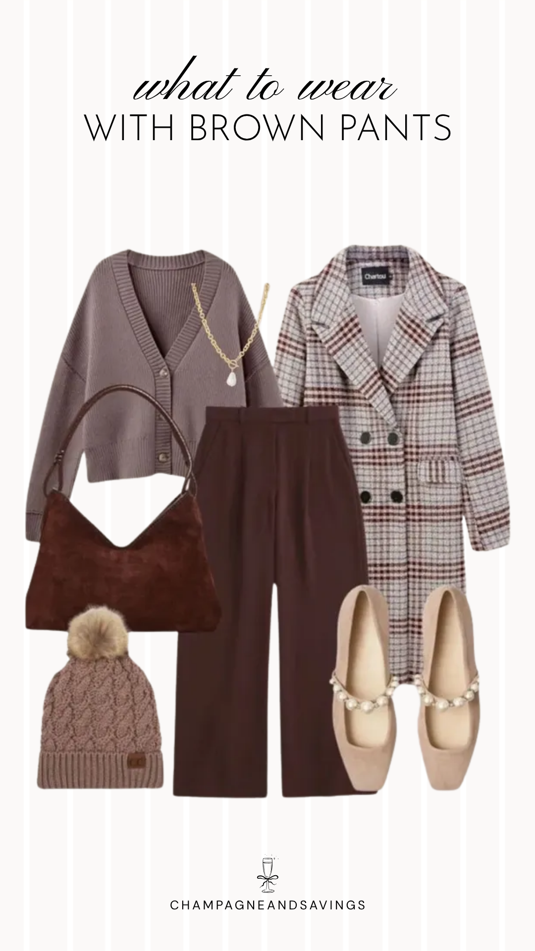 Brown pants outfit idea collage featuring a plaid coat styled over brown trousers for a chic, polished cold-weather look.