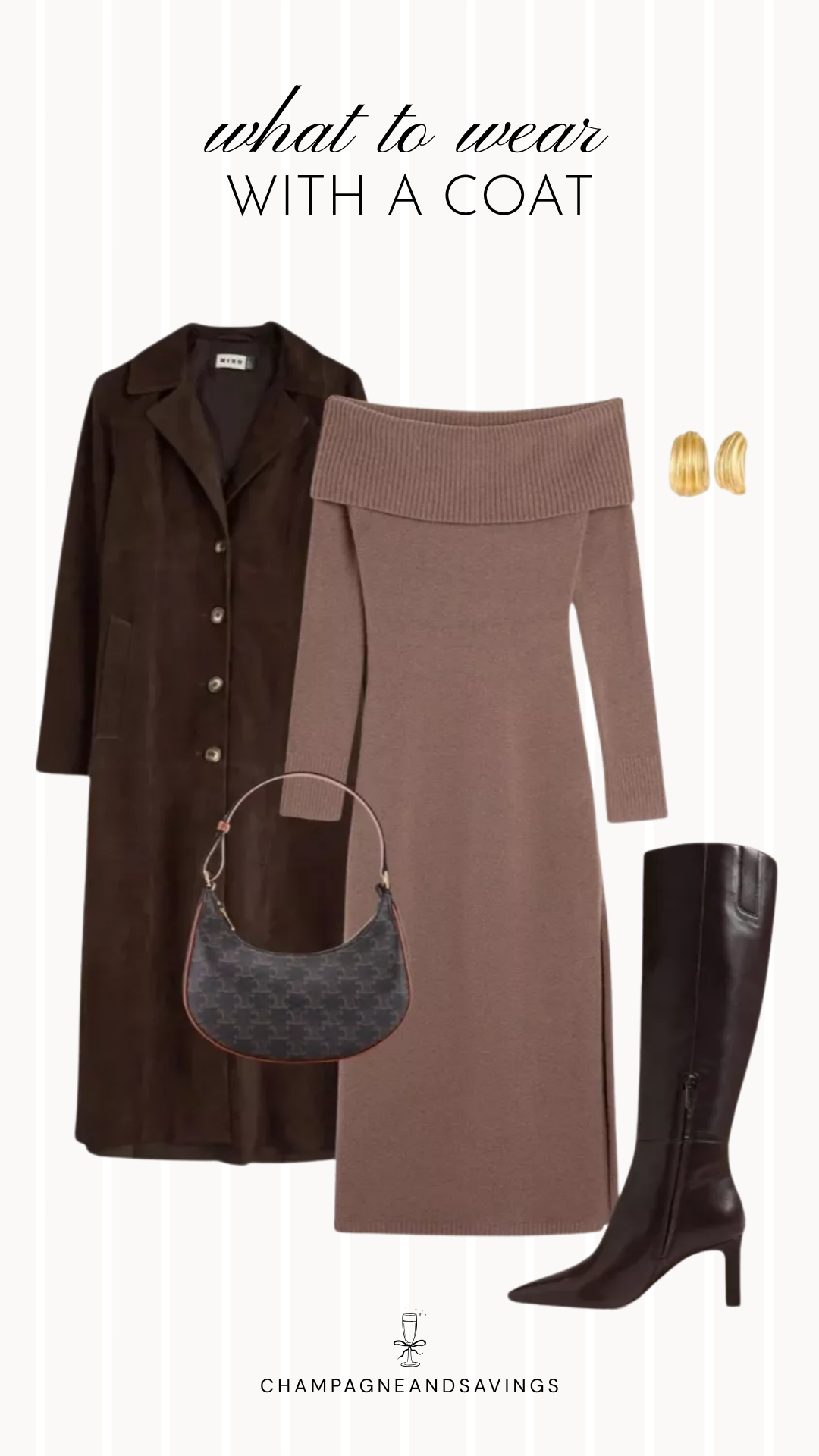 Coat styling idea featuring a sweater dress layered with a long coat and paired with knee-high boots, shown in a fall fashion collage with coordinated outfit pieces for a timeless and sophisticated layered look.