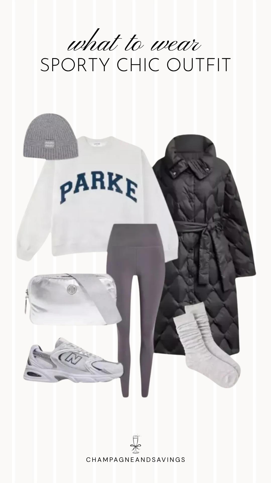 Collage of sporty chic outfit pieces featuring a graphic sweatshirt paired with leggings and a long quilted coat for a cozy, sporty outfit perfect for cooler weather.