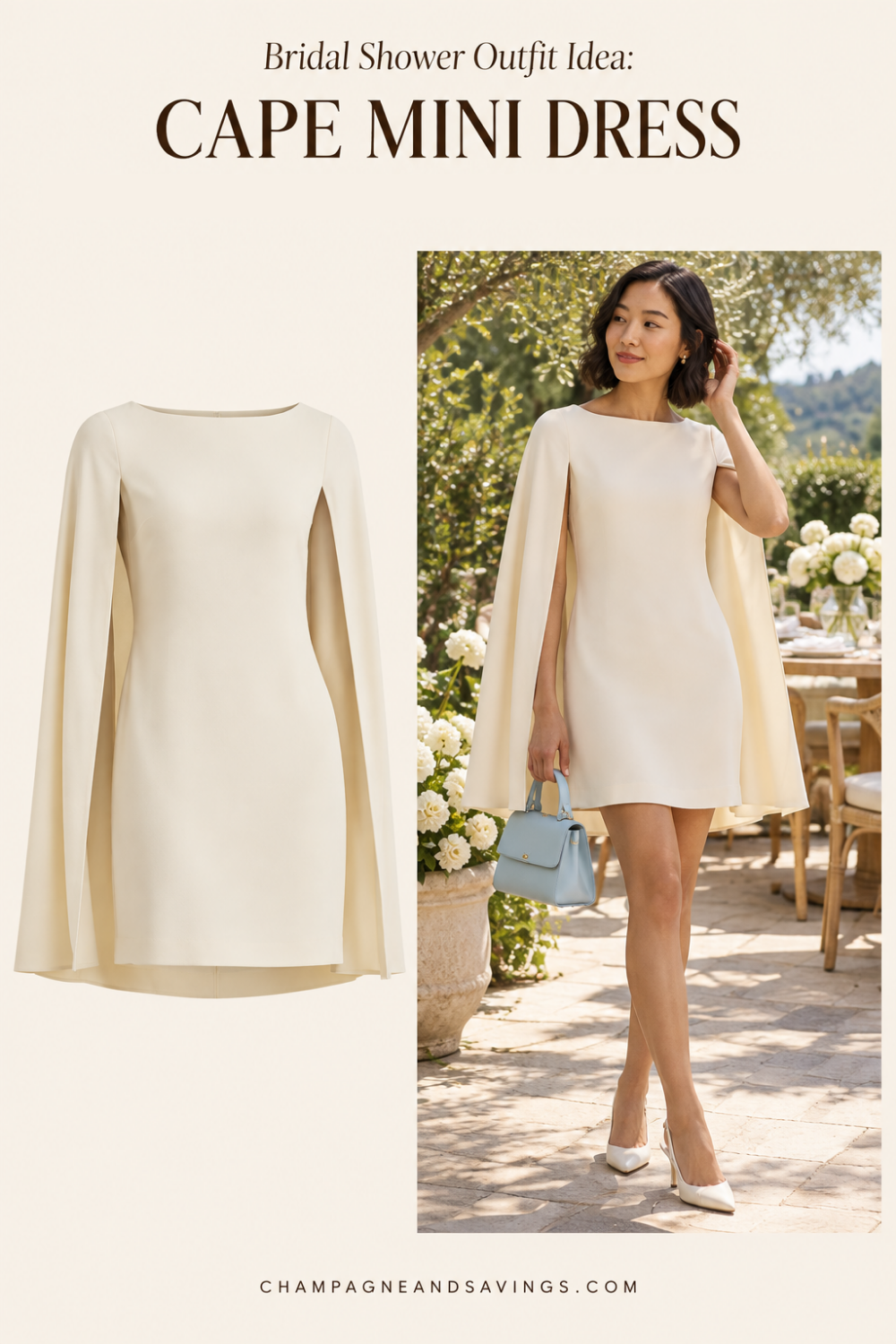 Trendy bridal shower outfit idea featuring a white cape mini dress, shown alongside a styled bridal look for the bride-to-be.