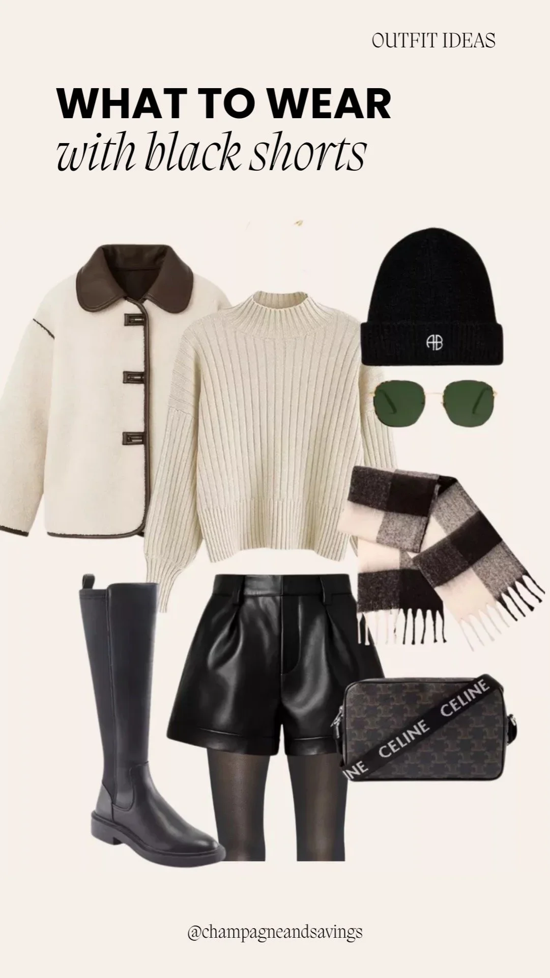 Collage of outfit pieces for a “Cozy Cool Leather Shorts” black shorts look, featuring black leather shorts paired with cozy tops and stylish accessories, styled in an edgy casual aesthetic.