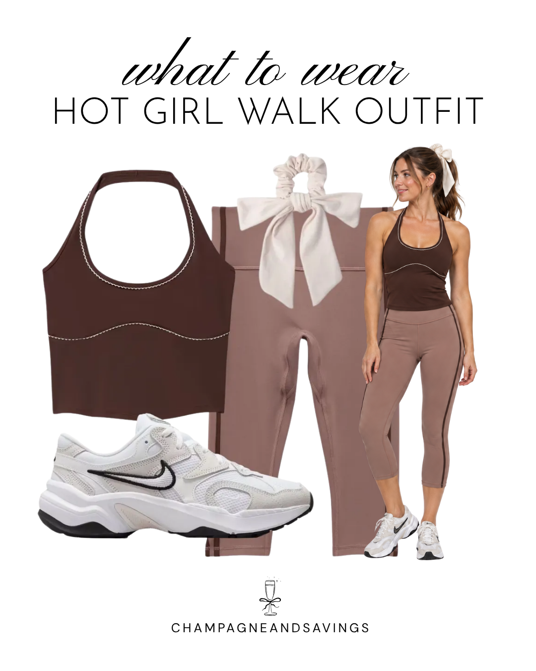 Hot girl walk outfit idea featuring a brown tank top paired with capri leggings, shown in a collage of outfit pieces for a cute and sporty walking outfit.