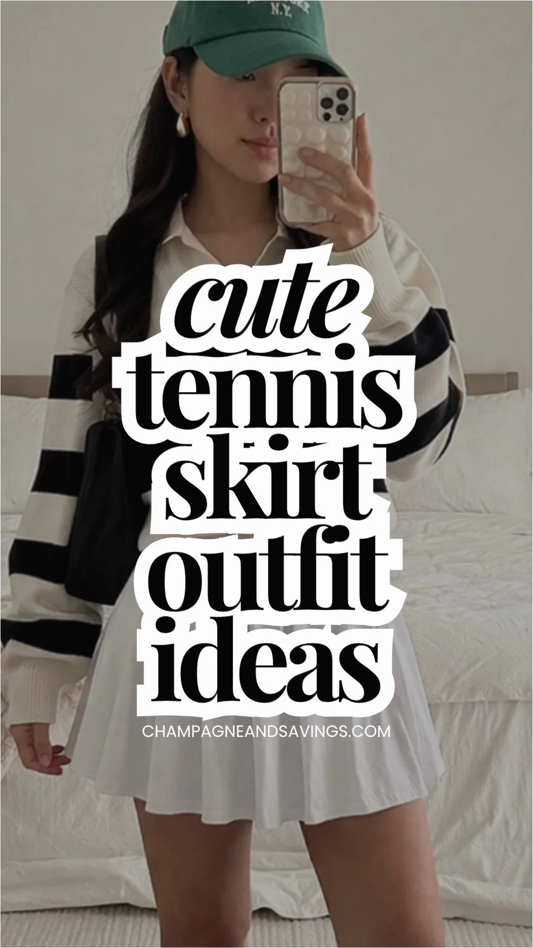 Cute tennis skirt outfit ideas text overlay with a stylish girl in the background wearing a sporty chic outfit featuring a tennis skirt, casual top, and sneakers.