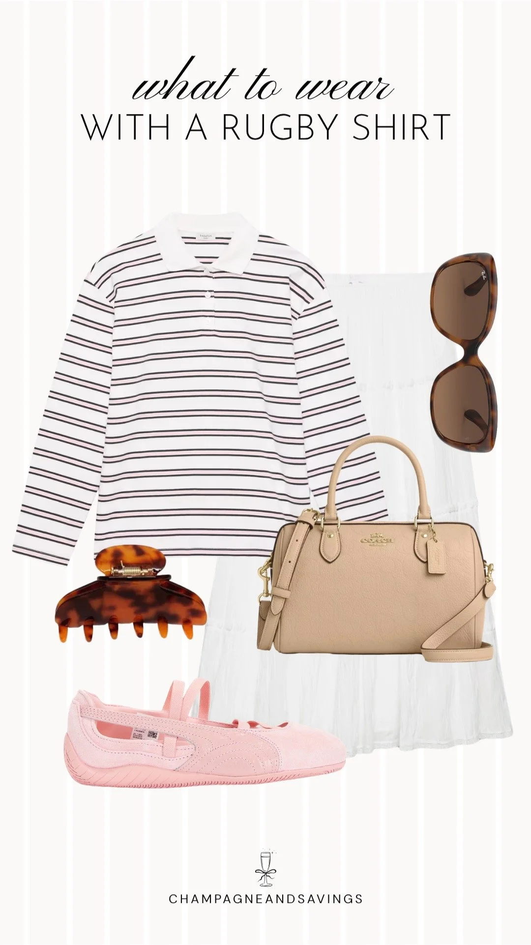 A sporty chic rugby shirt outfit featuring a classic rugby shirt paired with a white skirt and ballet sneakers, creating a fresh, feminine look with the perfect mix of athletic and polished style.