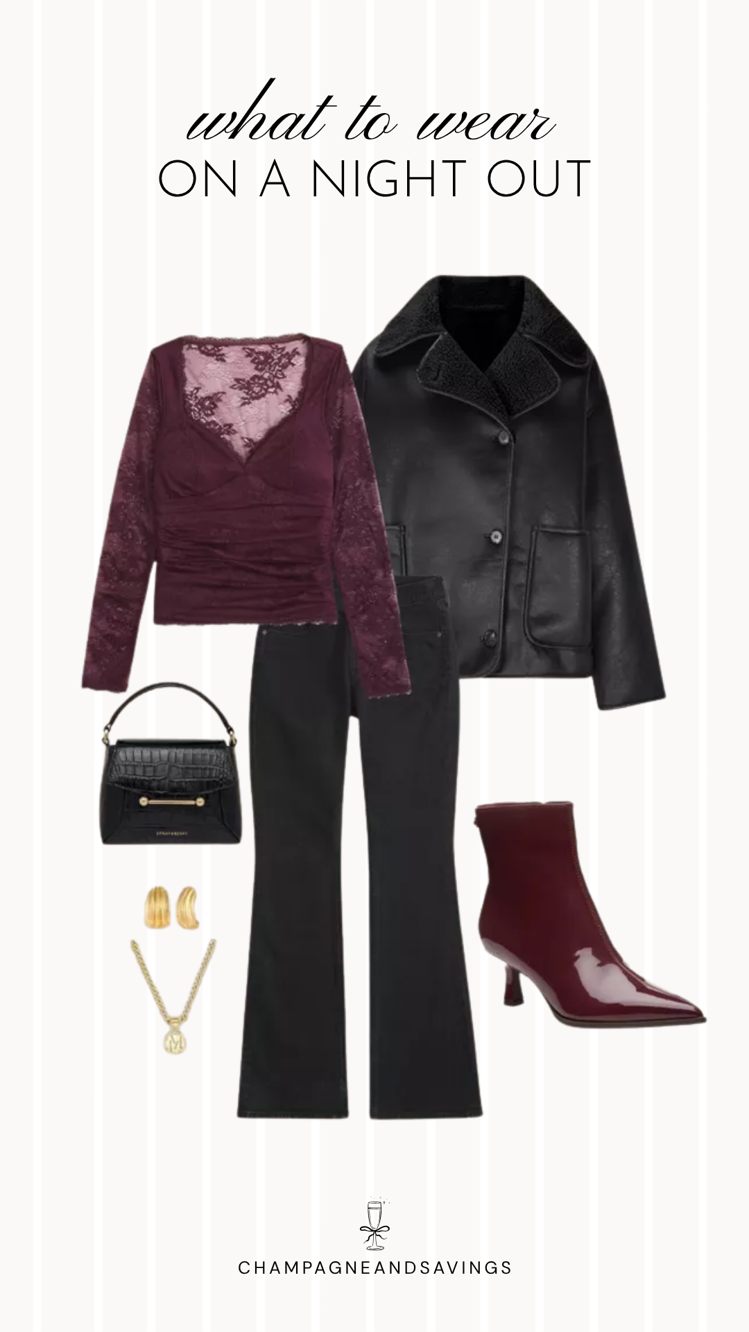 Fall going out outfit idea featuring a lace top with black jeans and a leather jacket, styled in a collage of outfit pieces for a chic autumn night out look.
