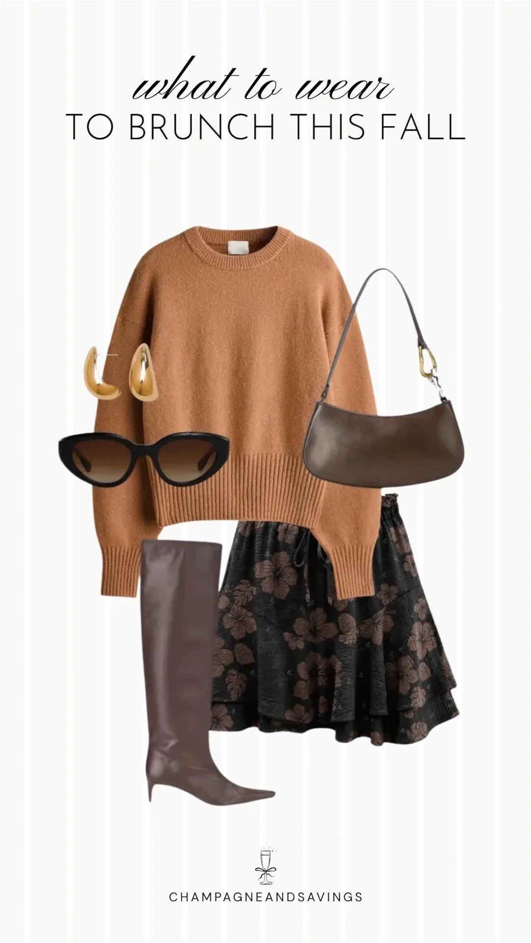 Collage of outfit pieces featuring a camel sweater styled with a floral mini skirt and tall brown boots for a cozy and feminine fall brunch outfit idea.