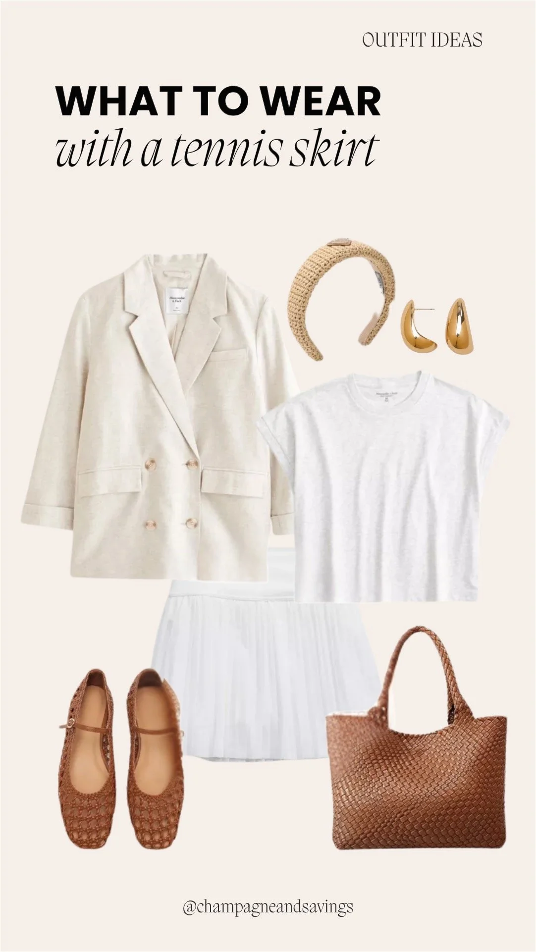 Tennis skirt outfit collage featuring a pleated tennis skirt styled with a linen blazer and ballet flats for a polished, lightweight look.