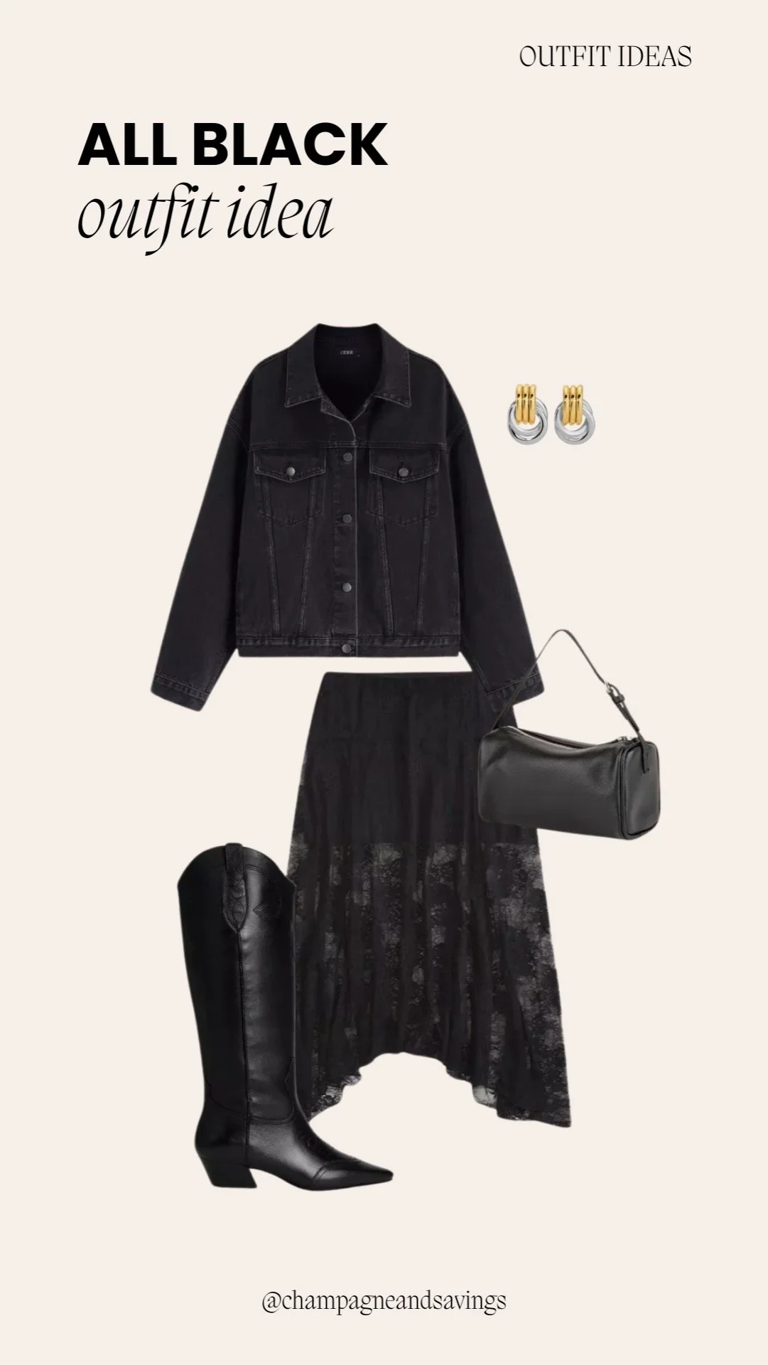 Outfit collage showing a cute and comfy all-black outfit idea with a black denim jacket and lace midi skirt.