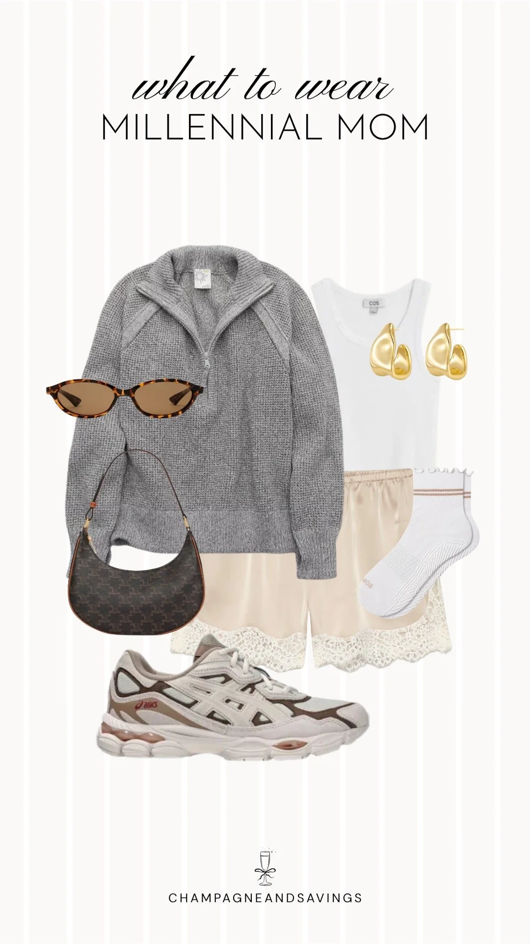 Collage of outfit pieces featuring a grey quarter-zip sweatshirt paired with satin lace shorts and sneakers for a trendy millennial mom outfit that mixes cozy and feminine styles.