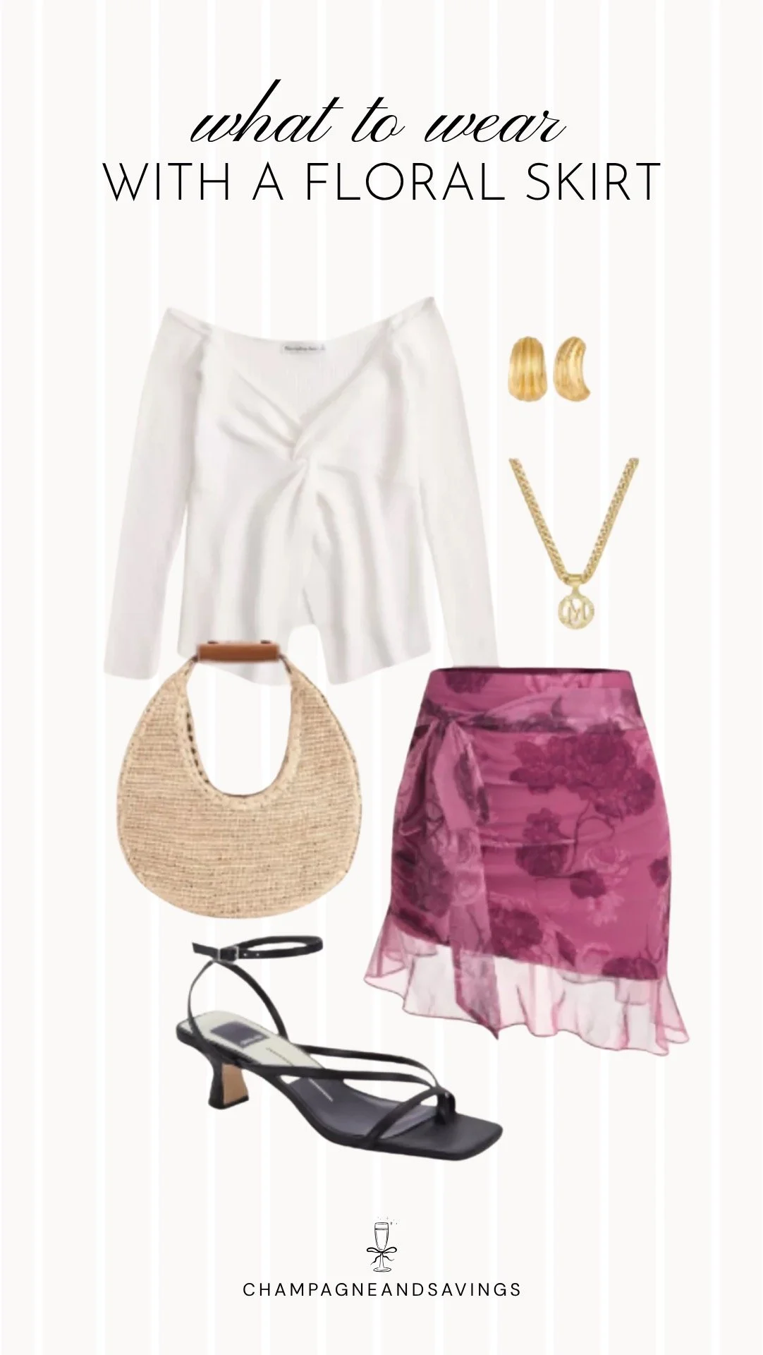 Collage of outfit pieces featuring a floral skirt styled with an off the shoulder top and kitten heels for a chic, feminine outfit