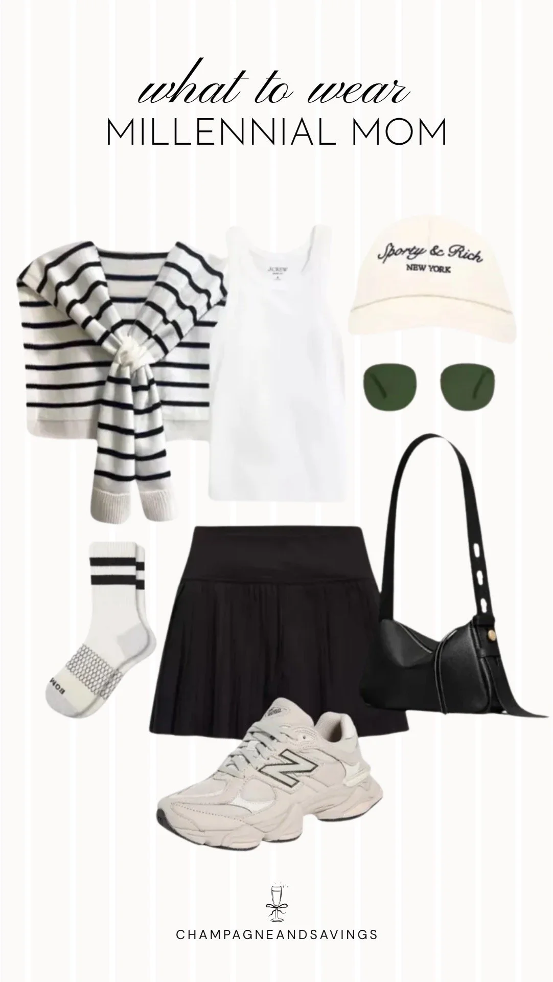 Collage of outfit pieces featuring a black tennis skirt paired with a tank top and a sweater draped over the shoulders for a sporty and effortless millennial mom outfit.