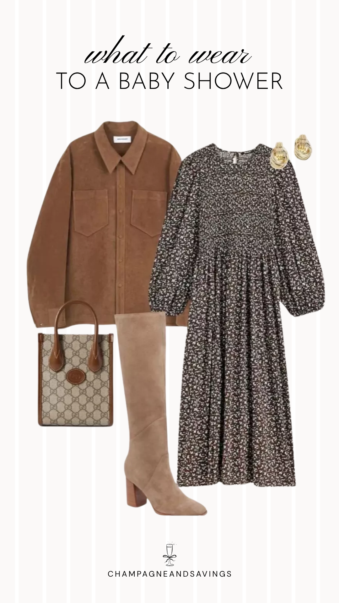 Collage of outfit pieces featuring a corduroy shacket layered over a floral dress with coordinating shoes, handbag, and accessories for a stylish and trendy baby shower guest outfit idea.