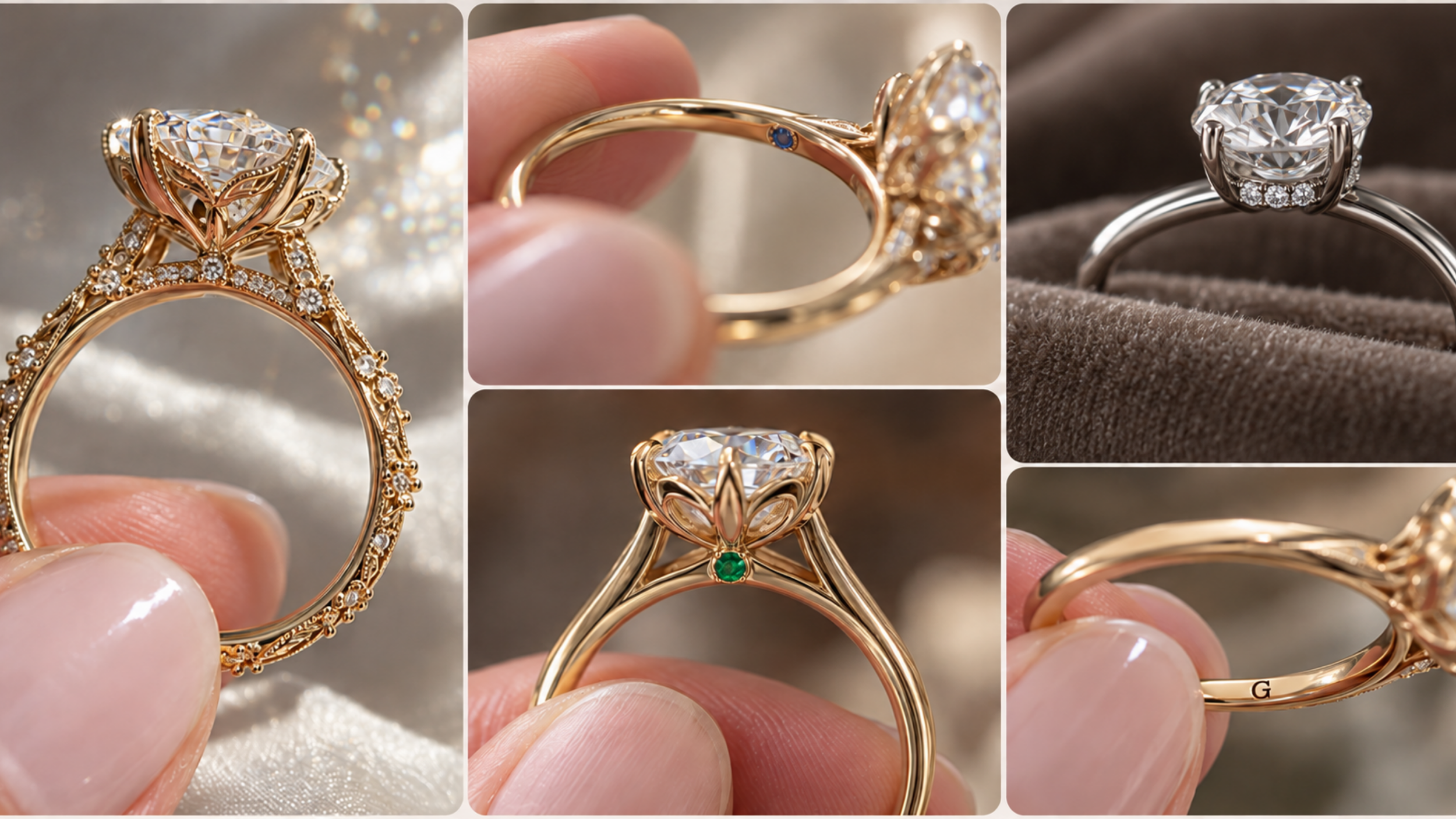 Collage of unique engagement rings featuring hidden diamond halos, secret gemstones, engraved bands, and personalized details.