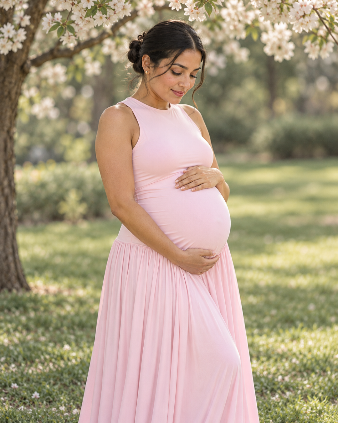Pink maternity dress beneath flowering tree