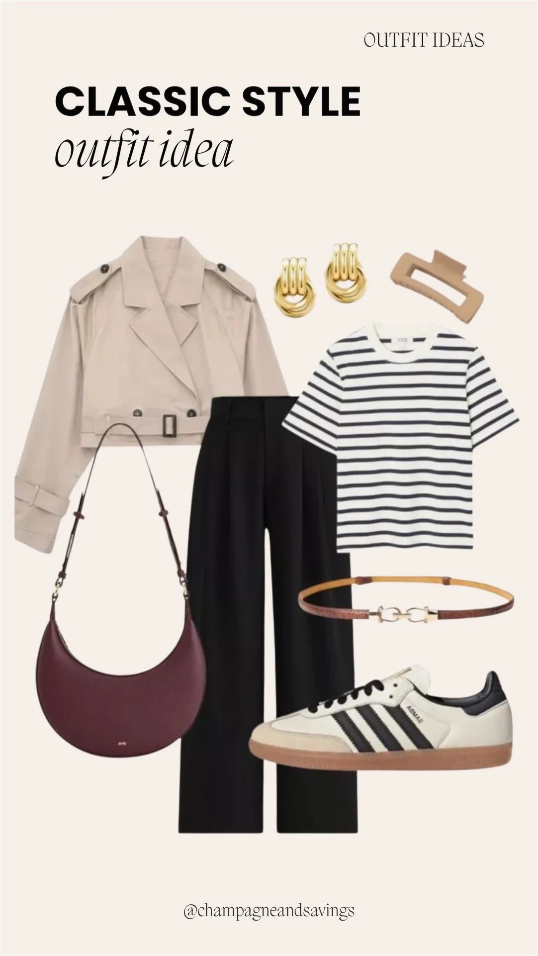 Image of a classic outfit collage featuring a cropped trench layered over a striped tee with black wide leg trousers styled together with coordinating accessories arranged as outfit pieces