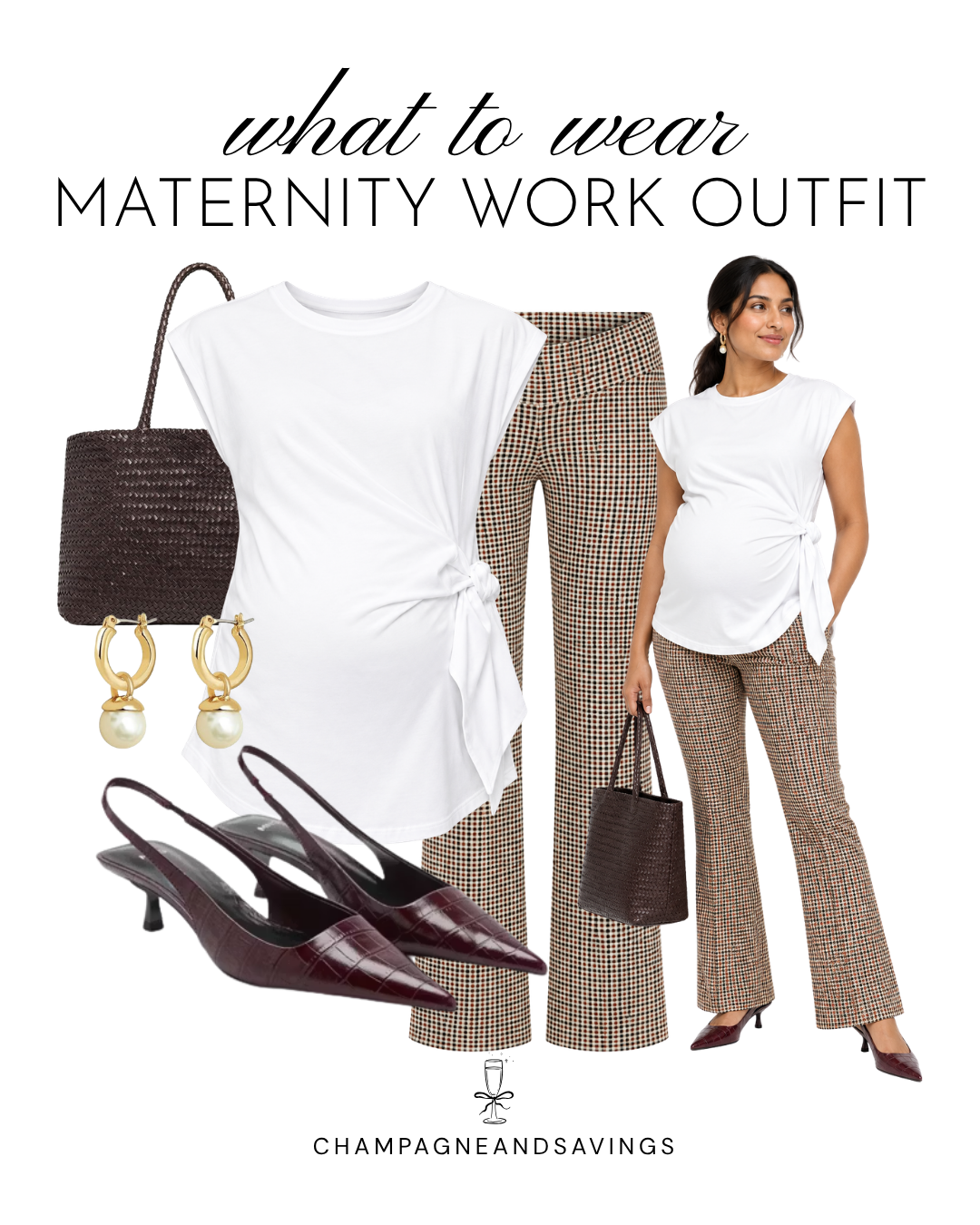 Maternity work outfit idea featuring checked pants paired with a white maternity top, shown in a collage of outfit pieces for a chic, comfortable, and professional pregnancy-friendly look.