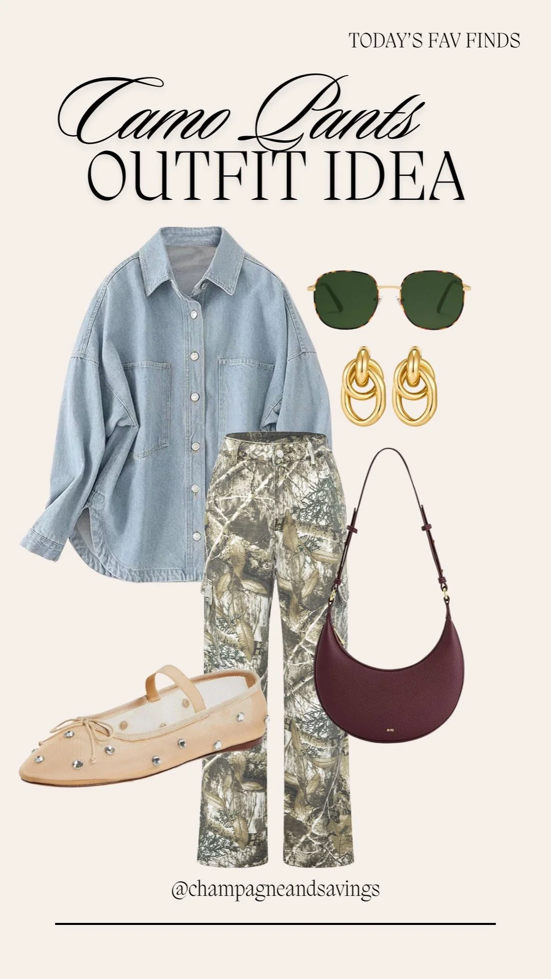 camo pants styled with a denim shirt, ballet flats, shoulder bag and chunky jewelry