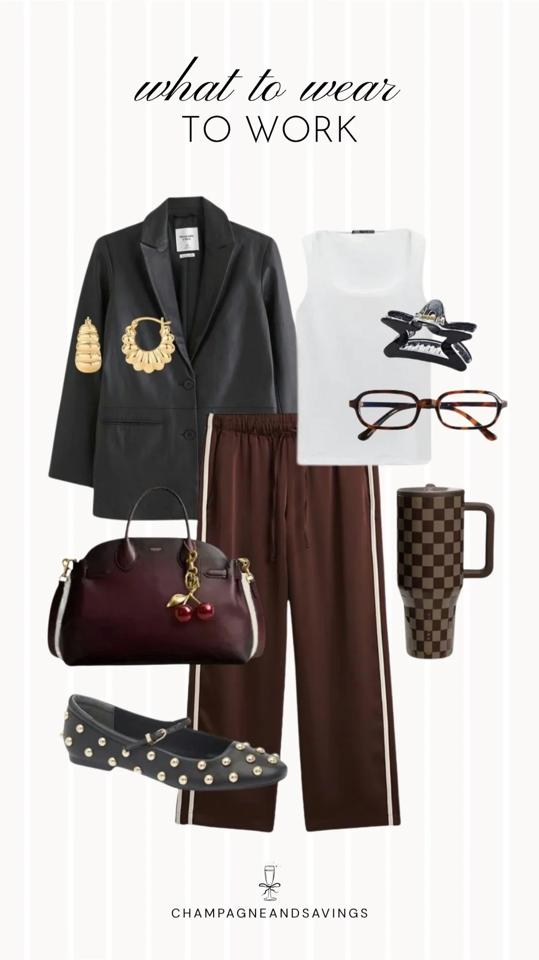 Edgy work outfit collage featuring a leather blazer paired with tailored track pants and studded flats, blending sleek structure and sporty elements for a modern, fashion-forward office look.