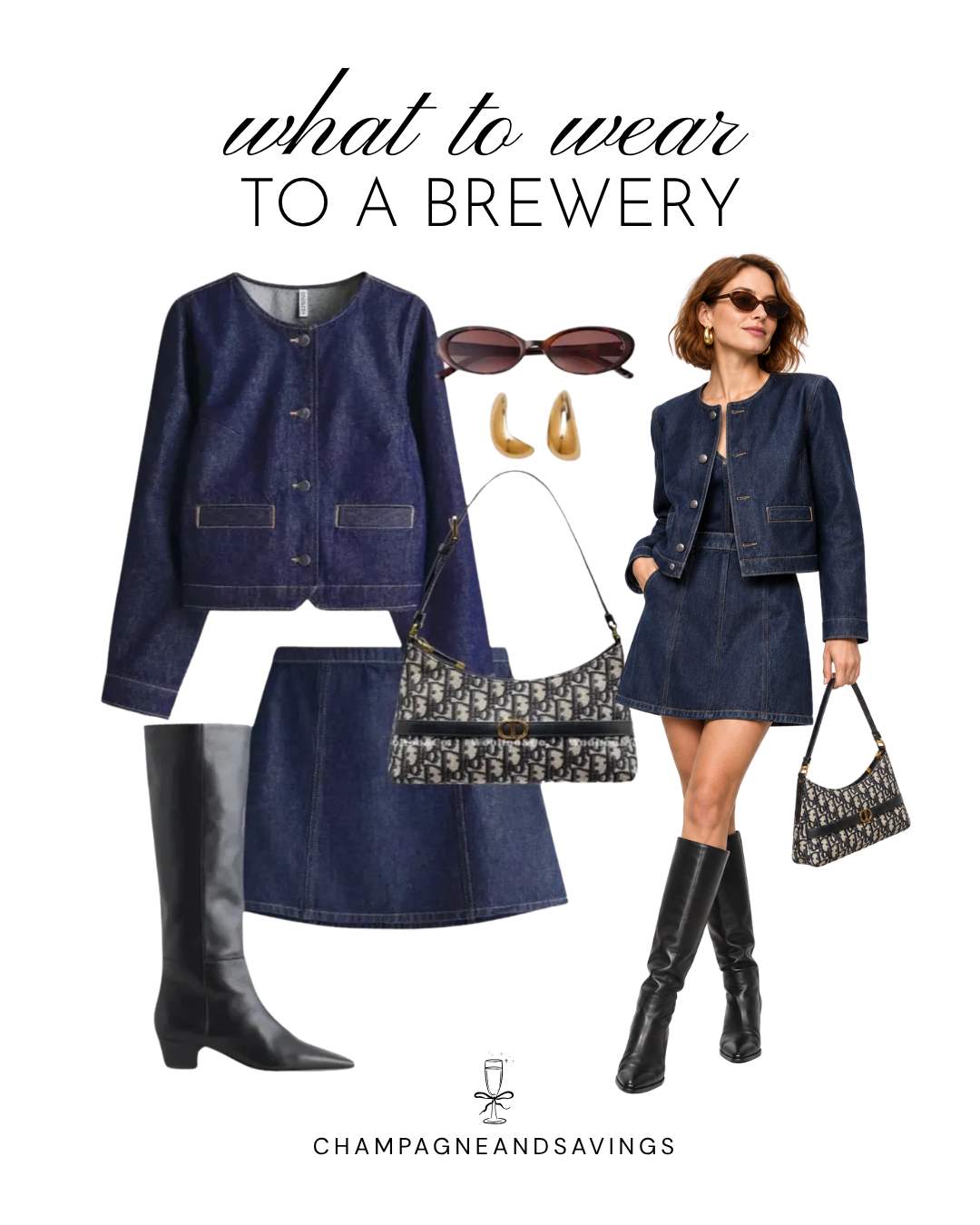 Trendy brewery outfit featuring a matching dark denim jacket and mini skirt, black knee-high boots, and patterned shoulder bag