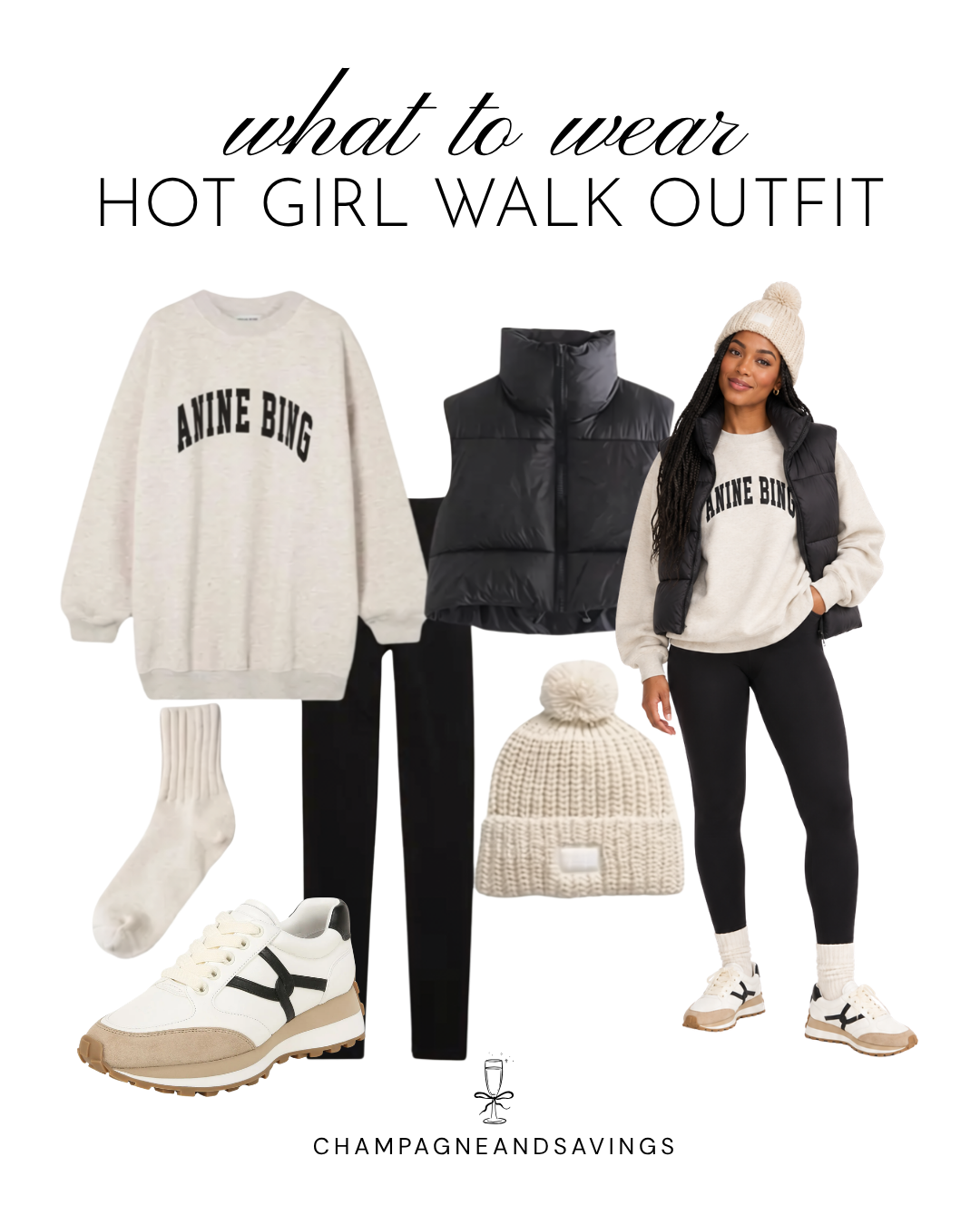 Hot girl walk outfit idea featuring a cozy sweatshirt layered with a puffer vest, shown in a collage of outfit pieces for a cute and comfortable walking outfit.