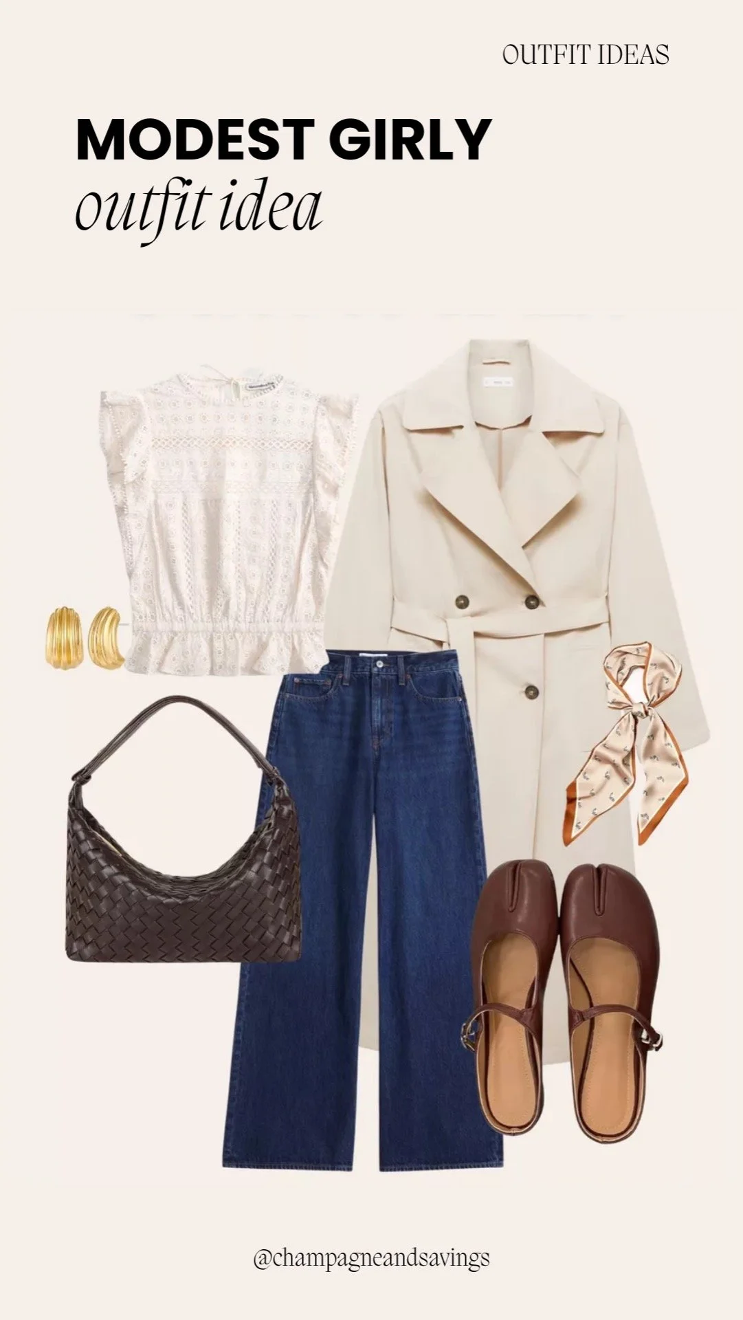 Modest girly outfit idea featuring a lace top paired with a trench coat and wide-leg jeans, styled together as coordinated outfit pieces.