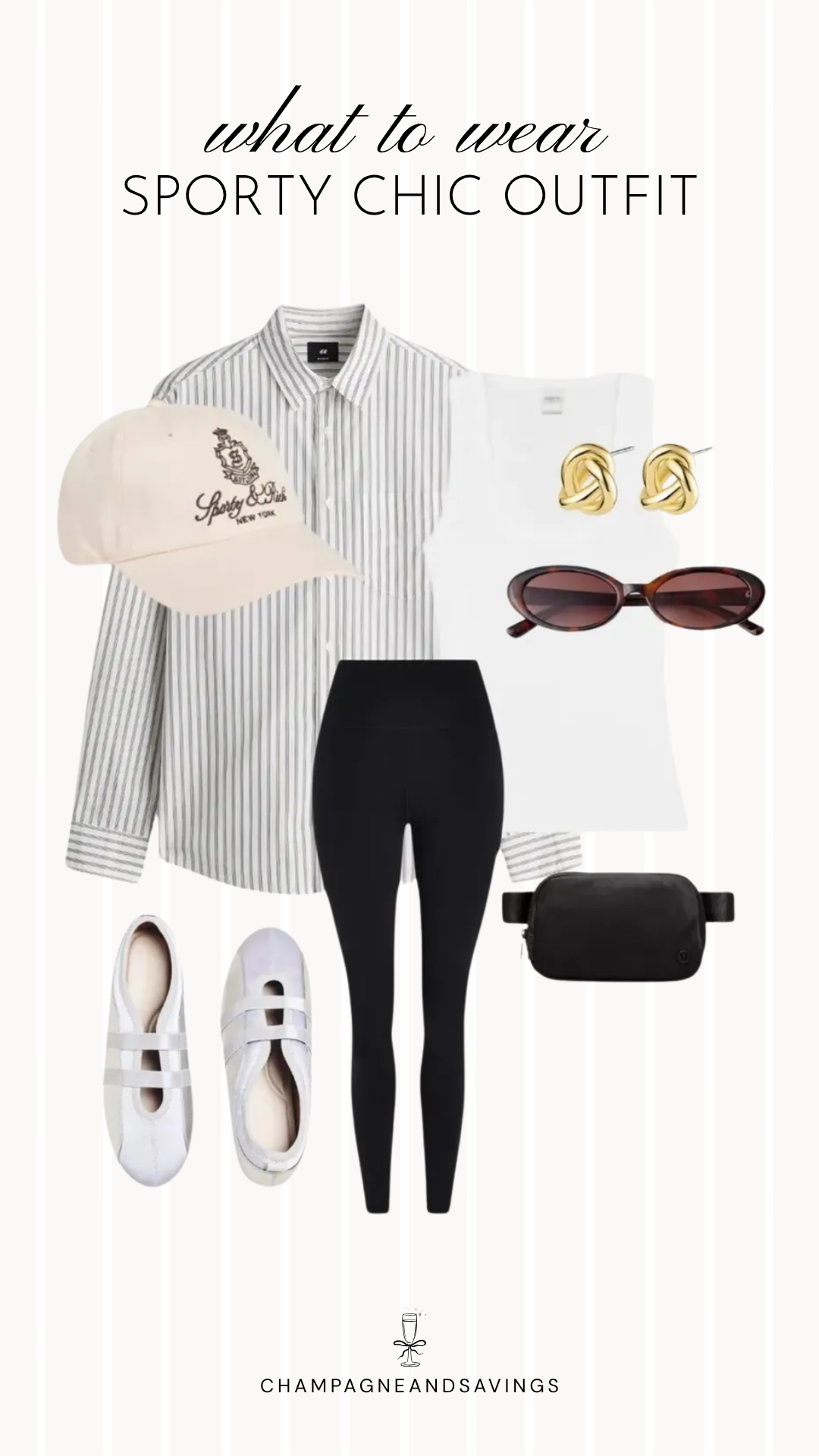 Collage of sporty chic outfit pieces featuring a striped button-down shirt paired with leggings and Mary Jane sneakers for a comfortable, elevated casual look.