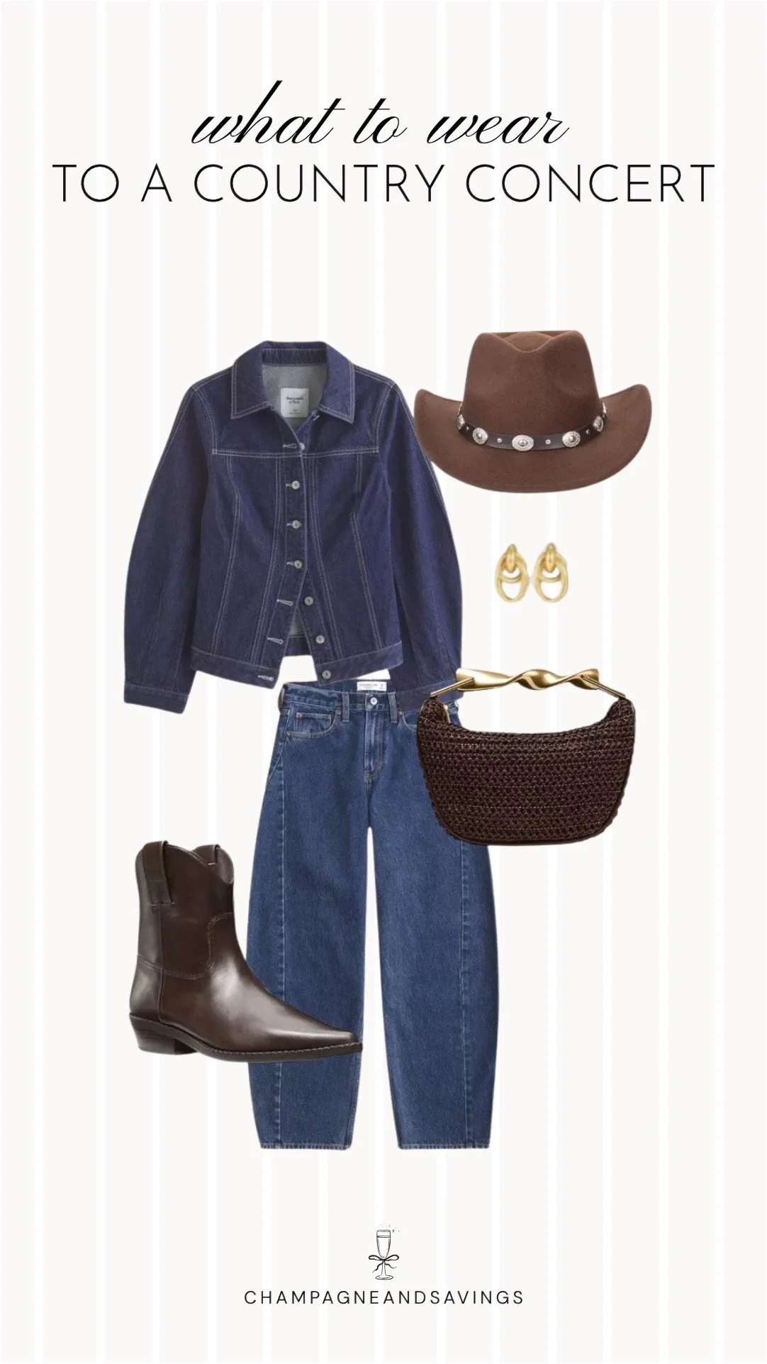 Collage of outfit pieces featuring a double denim outfit styled with a brown cowboy hat and ankle boots for a classic country concert outfit idea with a western-inspired vibe.