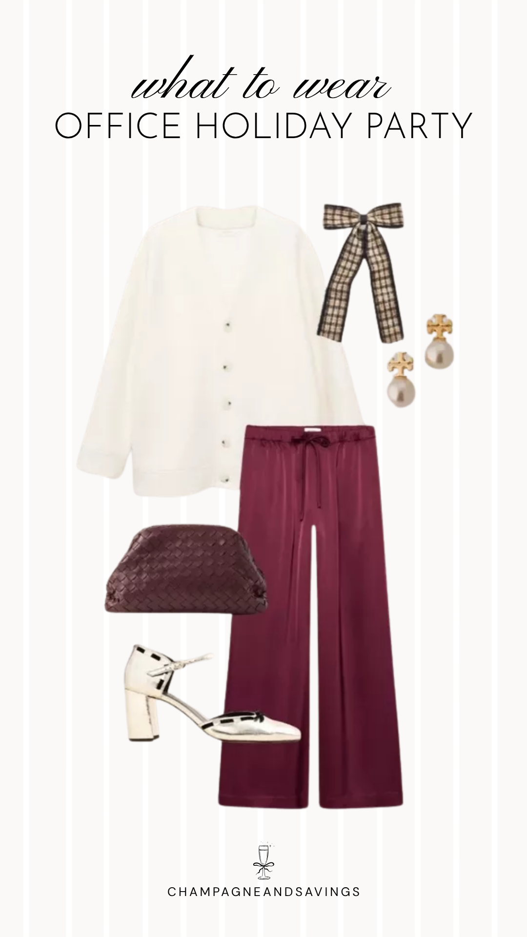 Work holiday party outfit idea featuring burgundy satin pants styled with a cream cardigan and coordinating outfit pieces for a cute, polished office party look.