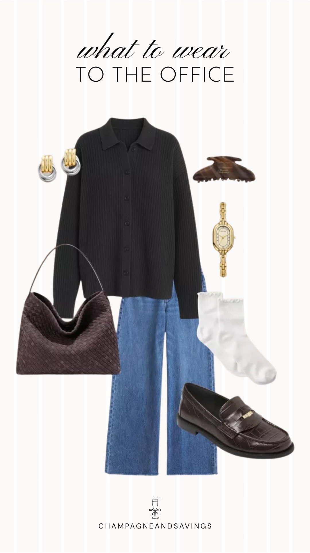 Collage of outfit pieces featuring a black knit polo paired with wide leg jeans and loafers for a polished outfit that combines casual comfort with a refined look.