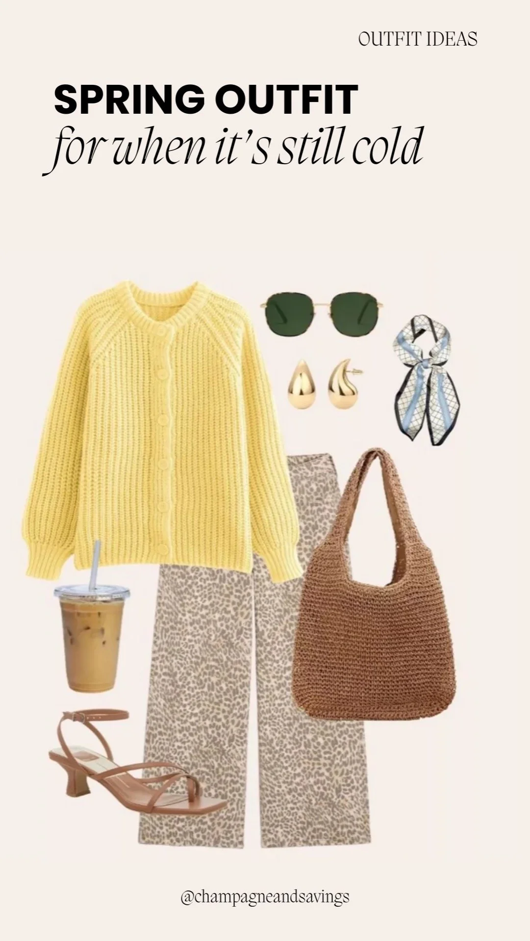 Yellow cardigan outfit styled with leopard print pants and casual accessories for a chic spring look.
