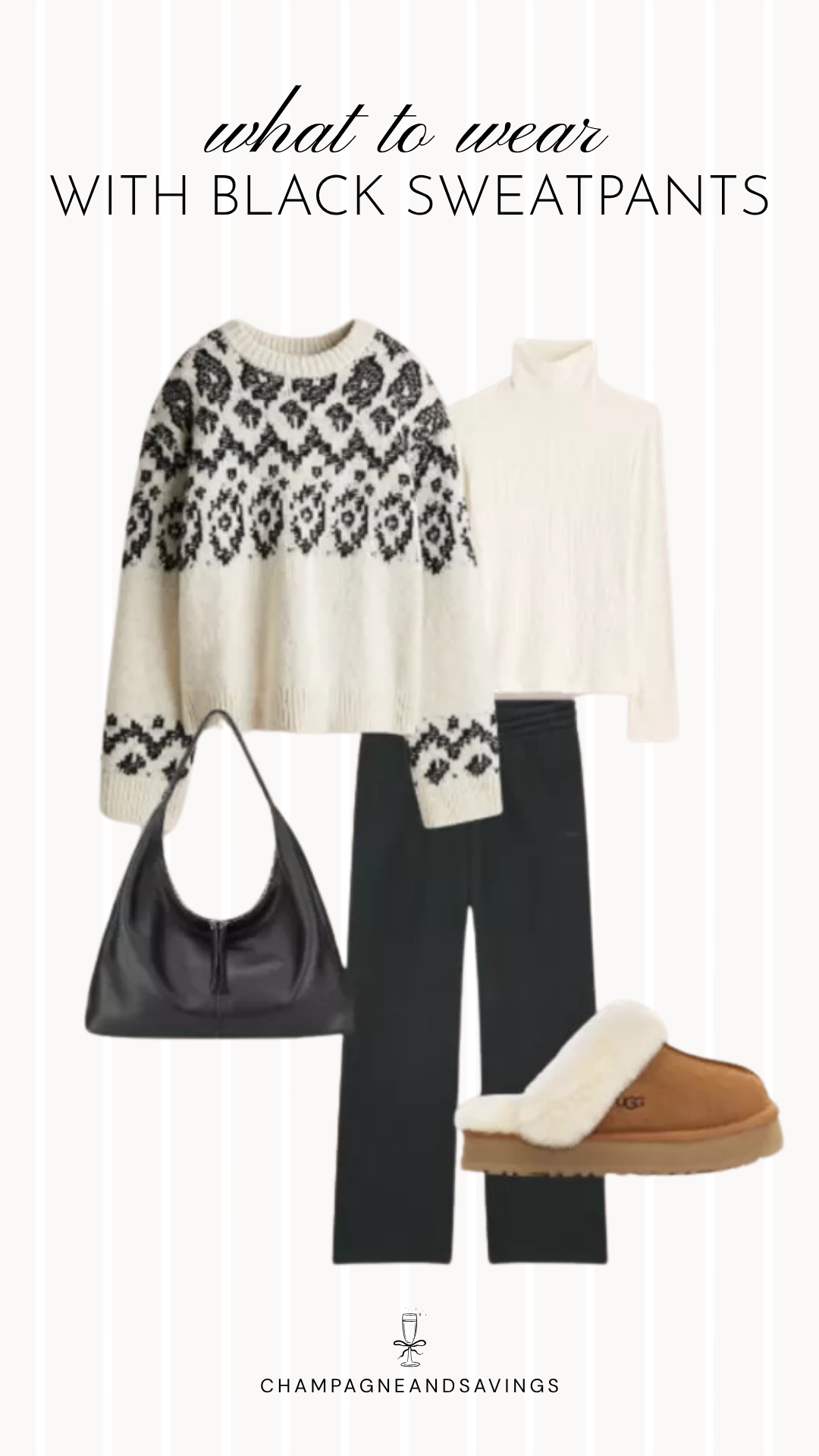 Black sweatpants outfit idea collage featuring a Fair Isle sweater layered over a turtleneck with black flare sweatpants for a cozy, put-together look.