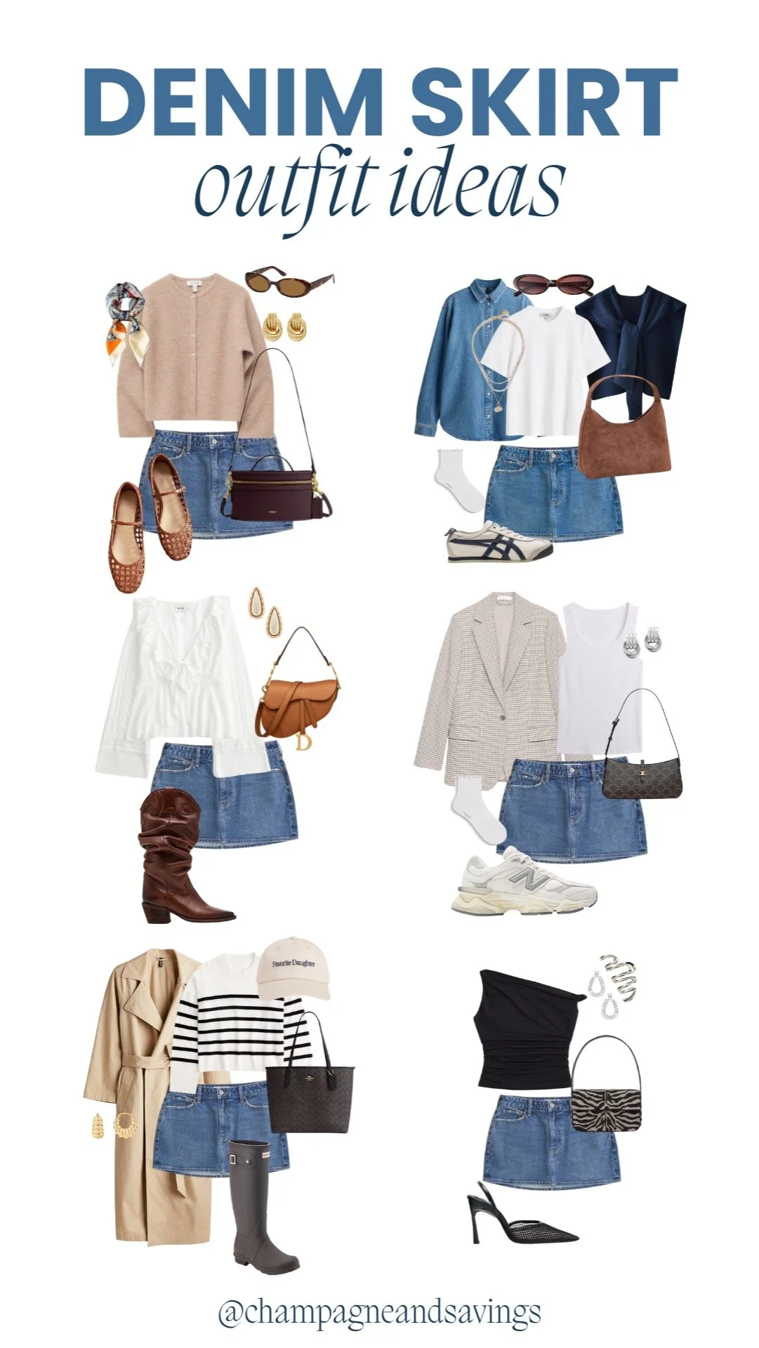 Collage of various denim mini skirt outfit ideas, showing different styling combinations with tops, jackets, and shoes to inspire easy-to-copy looks.