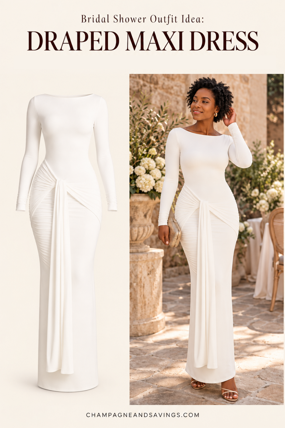 Trendy bridal shower outfit idea featuring a white draped long sleeve maxi dress, shown alongside a styled bridal look for the bride-to-be.