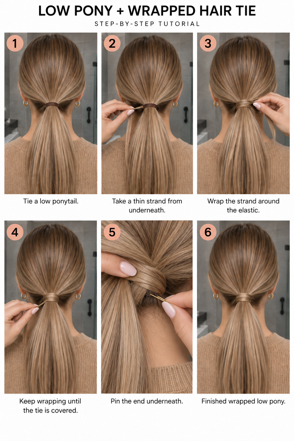 Step by step tutorial on how to do a low pony with wrapped hair tie.