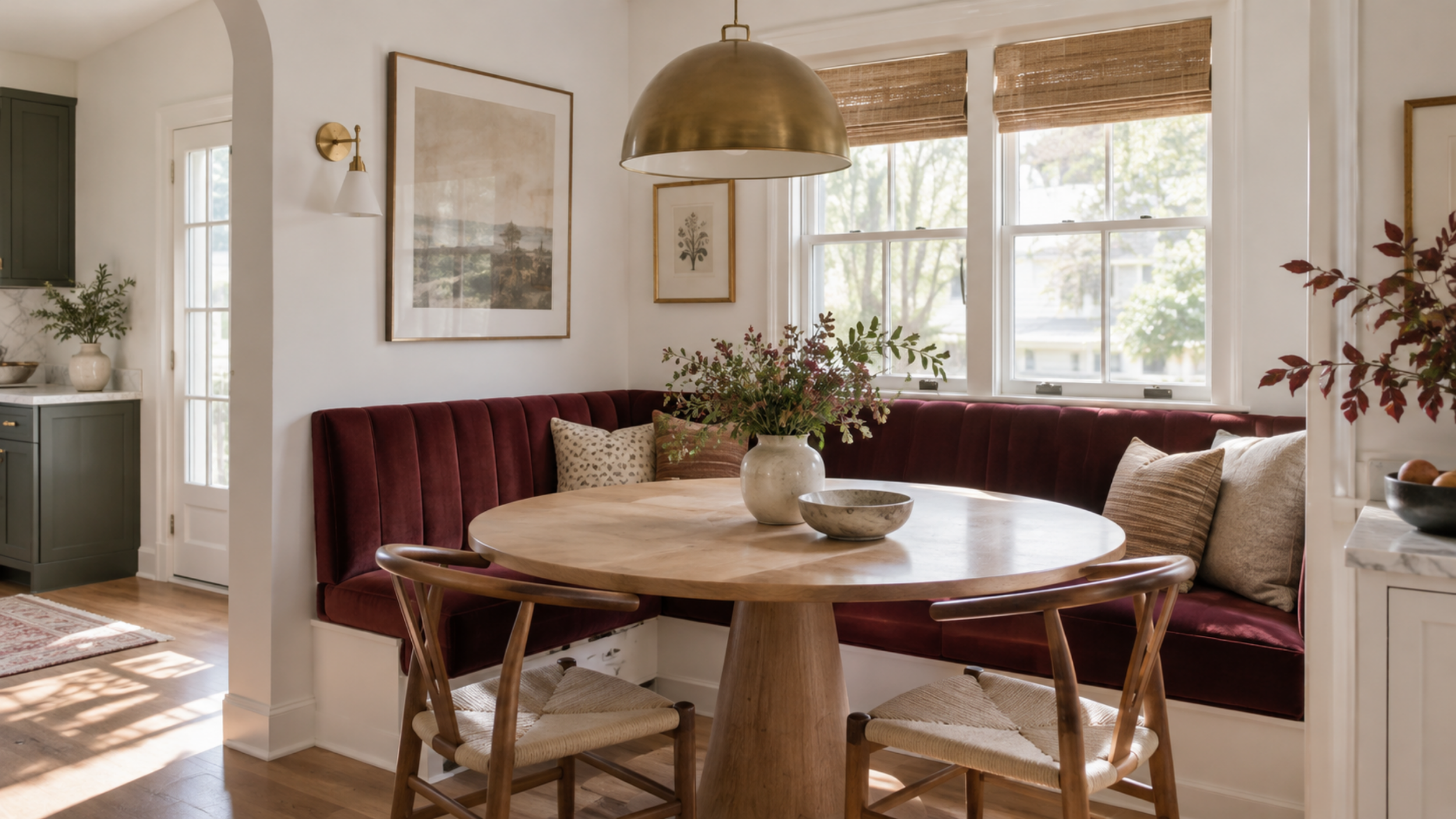 breakfast nook with burgundy upholstered seating
