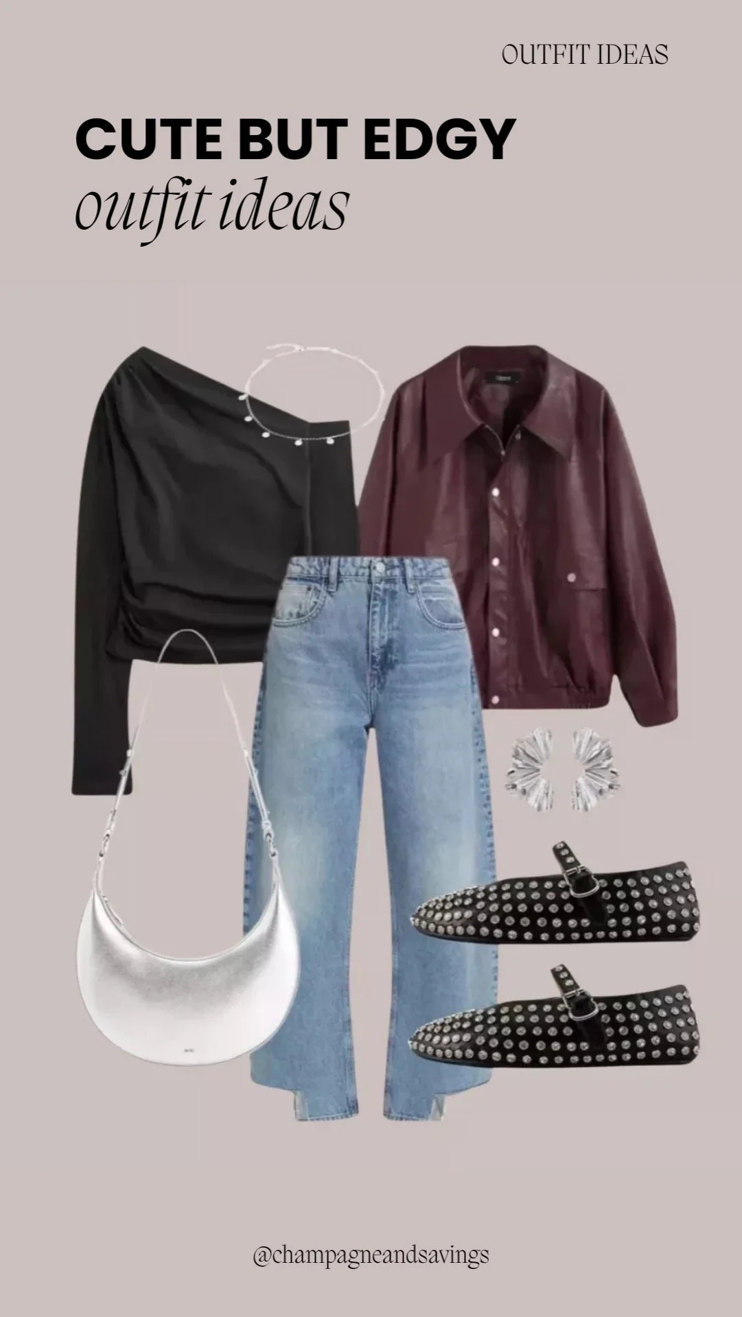 One-shoulder top styled with straight-leg jeans and studded flats for a chic, modern look