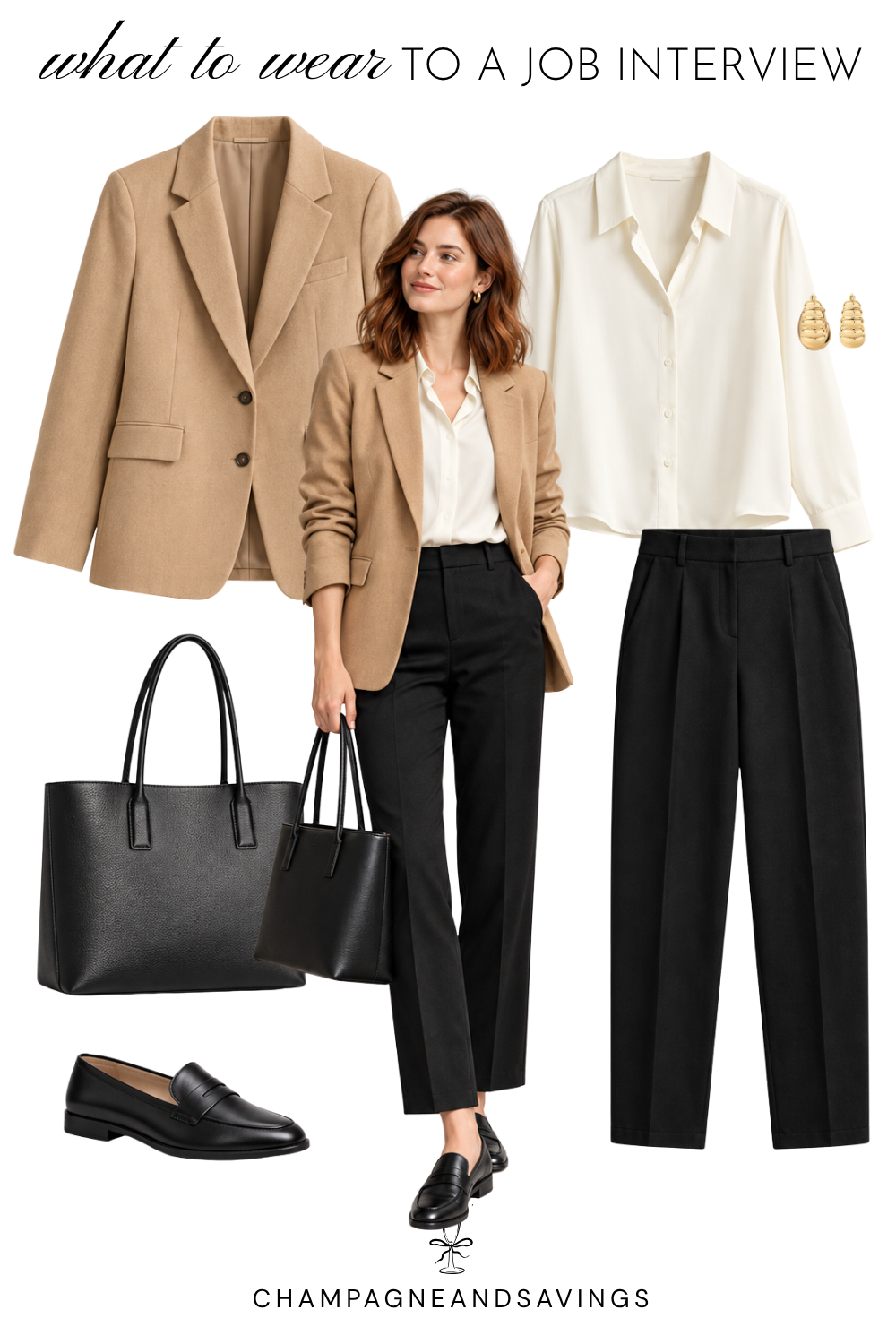 Job interview outfit idea for women featuring a camel blazer paired with black trousers, shown in a collage of outfit pieces for a polished, professional look.
