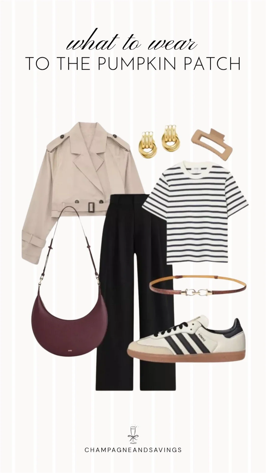 Collage of outfit pieces featuring a cropped trench coat styled with a striped tee and wide leg trousers for a chic pumpkin patch outfit idea with a polished casual fall vibe.