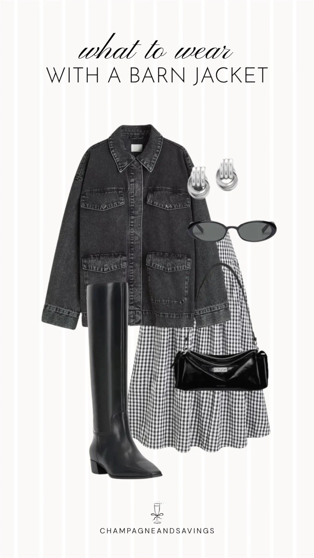 Outfit collage featuring a black barn jacket styled with a gingham skirt and tall boots for a classic fall look with a touch of country charm.